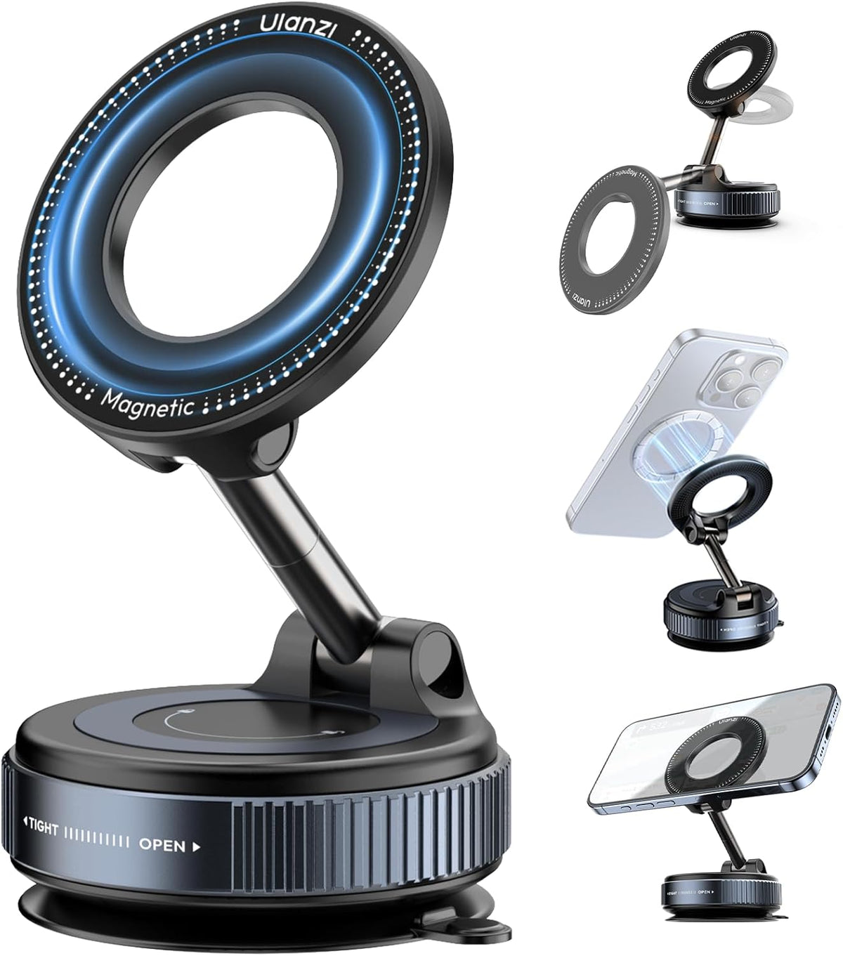 ULANZI SK-25 Car Phone Holder for Magsafe, Vacuum Suction Cup Magnetic Phone Mount, 360° Adjustable Phone MagMount for Car/Ceramic Tile/Gym/Mirror, Load up to 1kg, Magnetic Force ≥14N（Black）