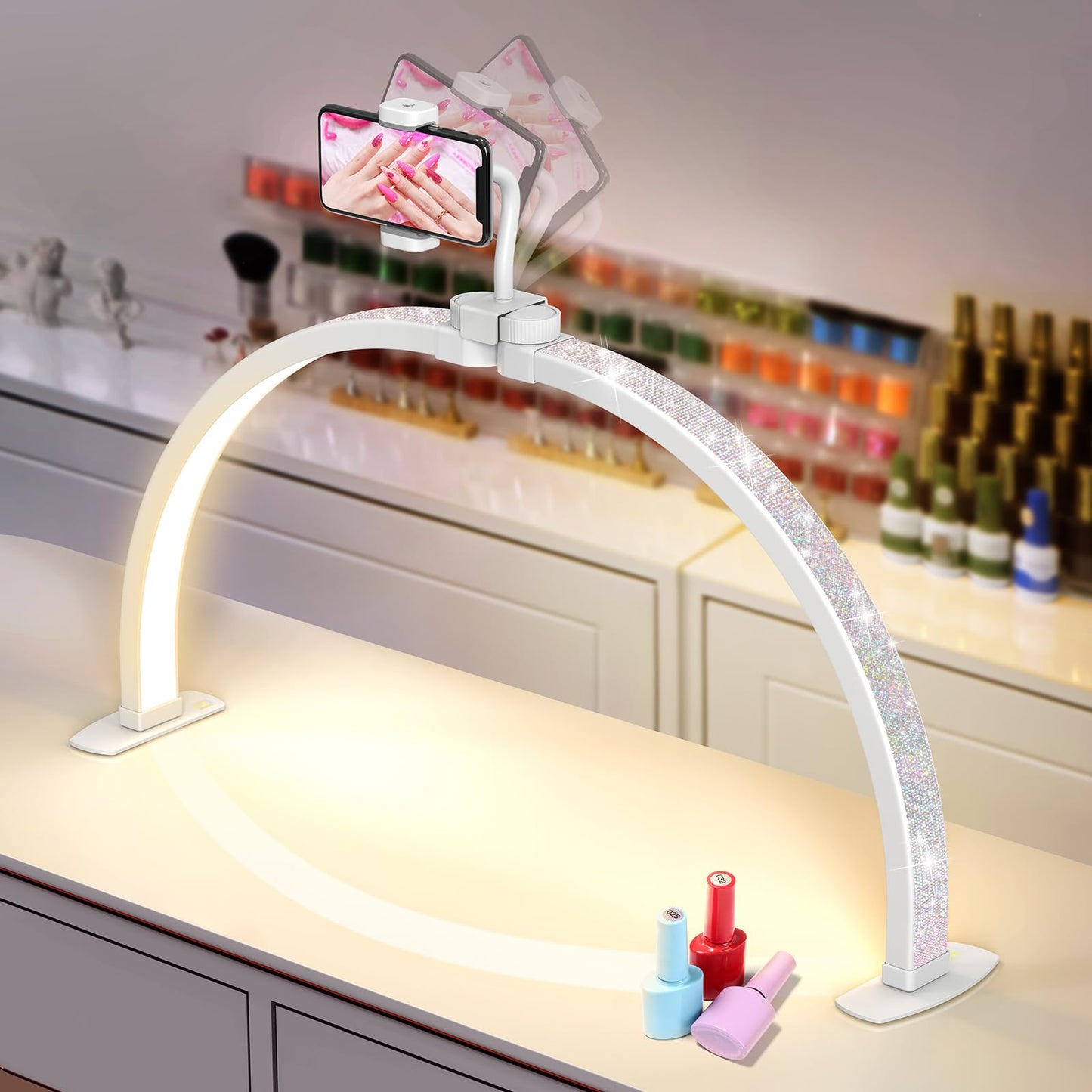 Yokilly Half Moon Light for Nail Desk: 23" Foldable Half Moon Desk Lamp with Phone Holder for Beginner - Arch Nail Tech Light with 3 Color Modes & 10 Brightness for Manicure Salon (Diamond, Small)
