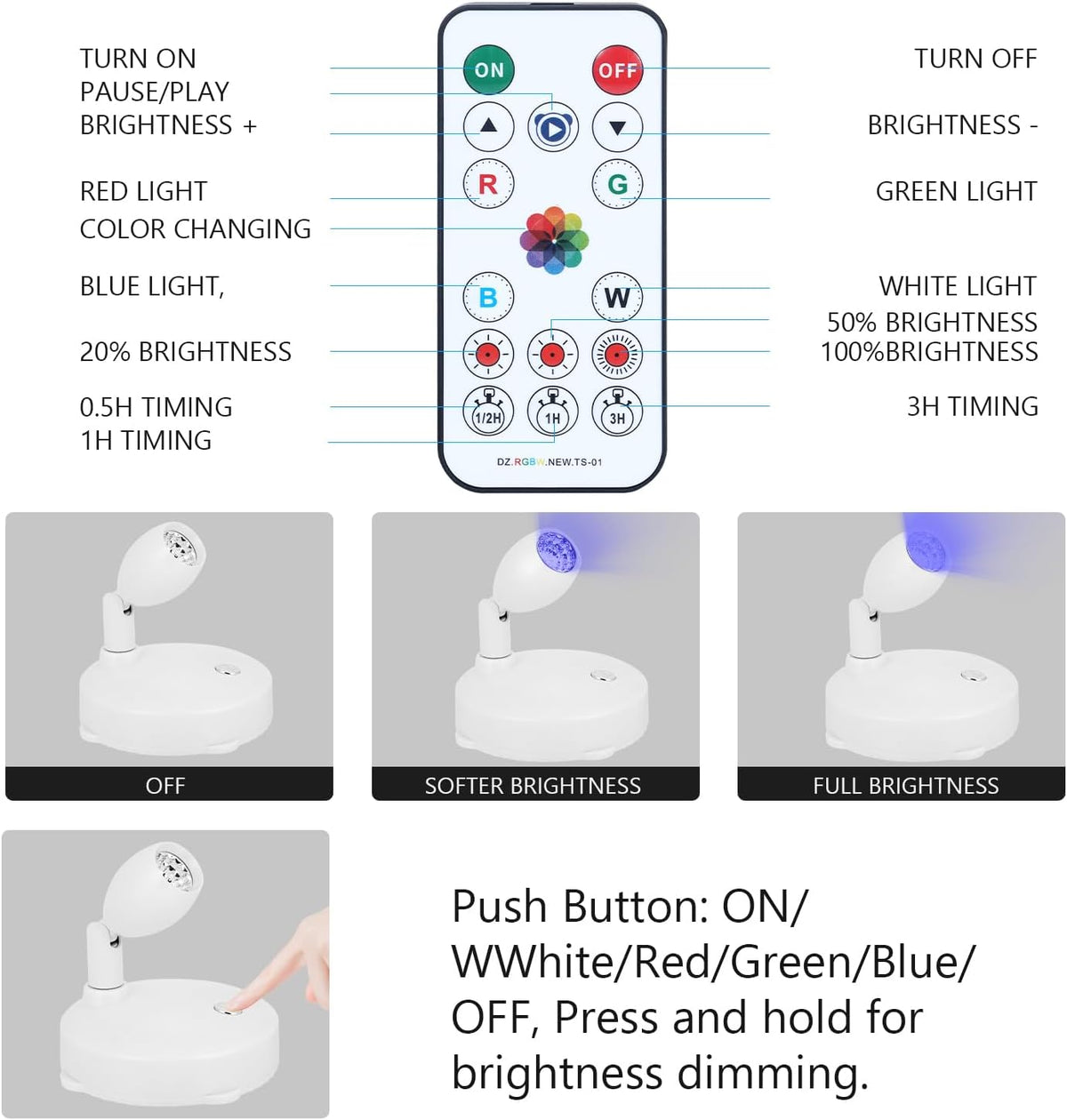 Cordless Spotlight Battery Operated, RGB Indoor Plant Light, Dimmable Accent Uplight with Remote, Color Changing Display Lighting for Picture Tree Photo Dartboard Painting Art