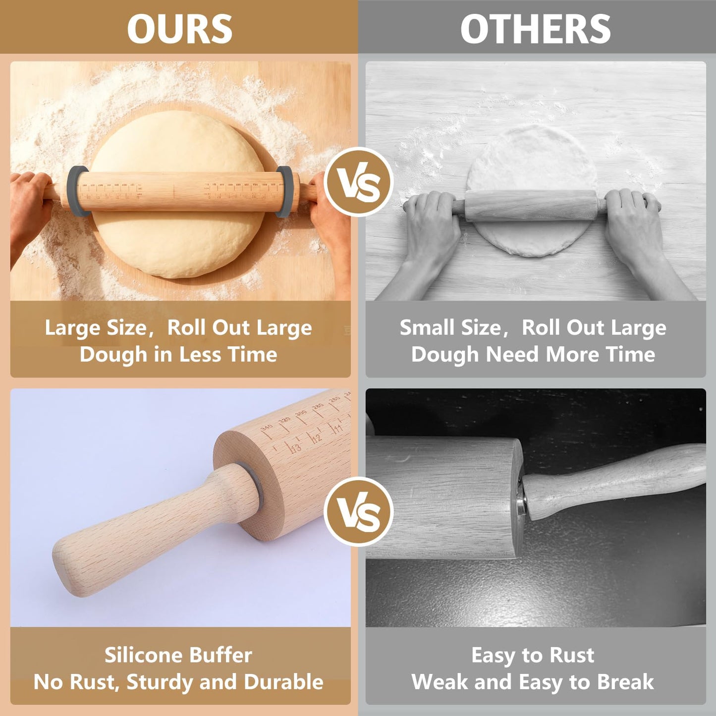 Long Adjustable Wood Rolling Pin: 21.1 Inch Rolling Pin with Thickness Rings and Measurement - Wooden Dough Roller for Baking Pastry Pizza Pie Crust Tortillas Cookie Bread - Bakers Baking Lovers