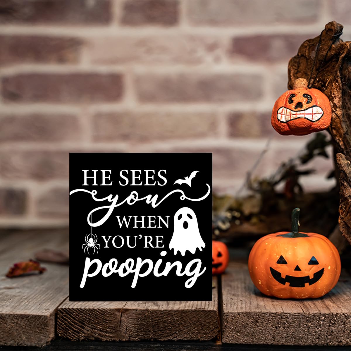 Ghost Halloween Bathrrom Decor Sign Ghost Halloween Decorations Indoor for Home Office Table Room Bedroom Living Room Bathroom Kitchen He Sees You When You Are Pooping Sign A 06