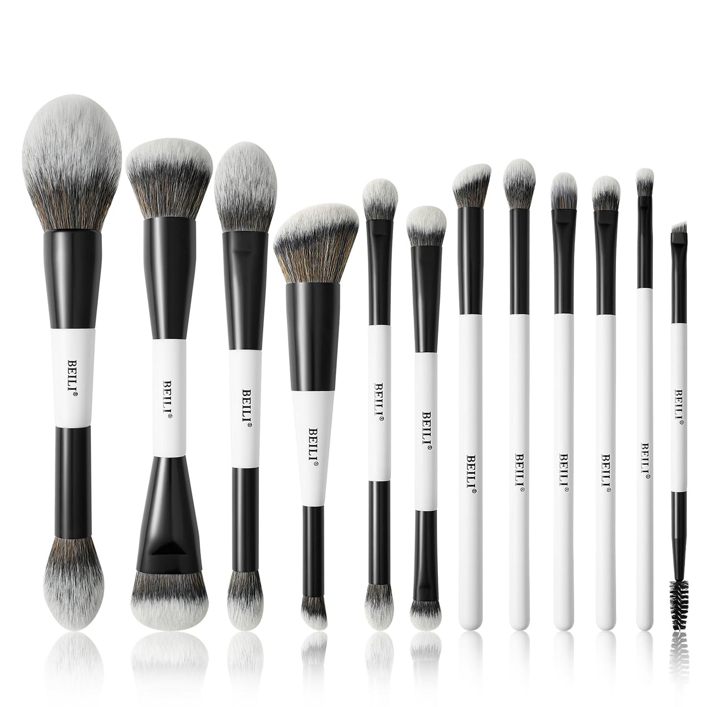 BEILI 12 Pcs Double-Sided Makeup Brush Set, 18-in-12 Multi-Use Brushes for Contour, Foundation, Highlight, Blush, Eyeshadow, Eyeliner & Concealer, Black & White Travel Kit for Polished Daily Makeup