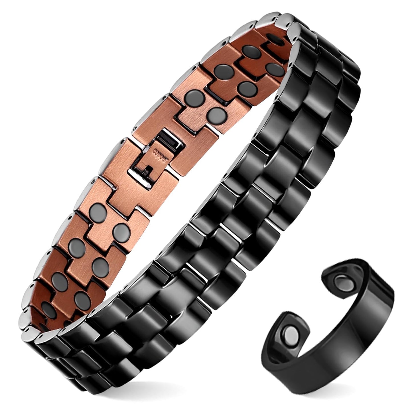 MagEnergy Mens Copper Magnetic Bracelets & Lymphatic Drainage Ring, 99.9% Pure Copper Bracelet with Double-Row Strength Magnets, Adjustable Jewelry with Sizing Tool