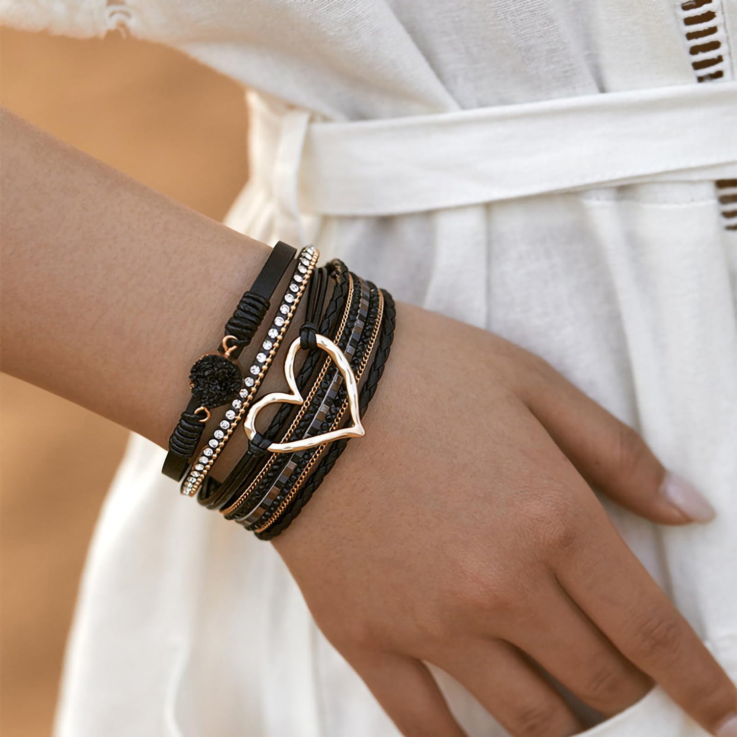 Leopard Bracelet for Women, Boho Leather Wrap Multi-Layer Pearl Crystal Bracelet Bangle Jewelry (Heart Leather(Black))