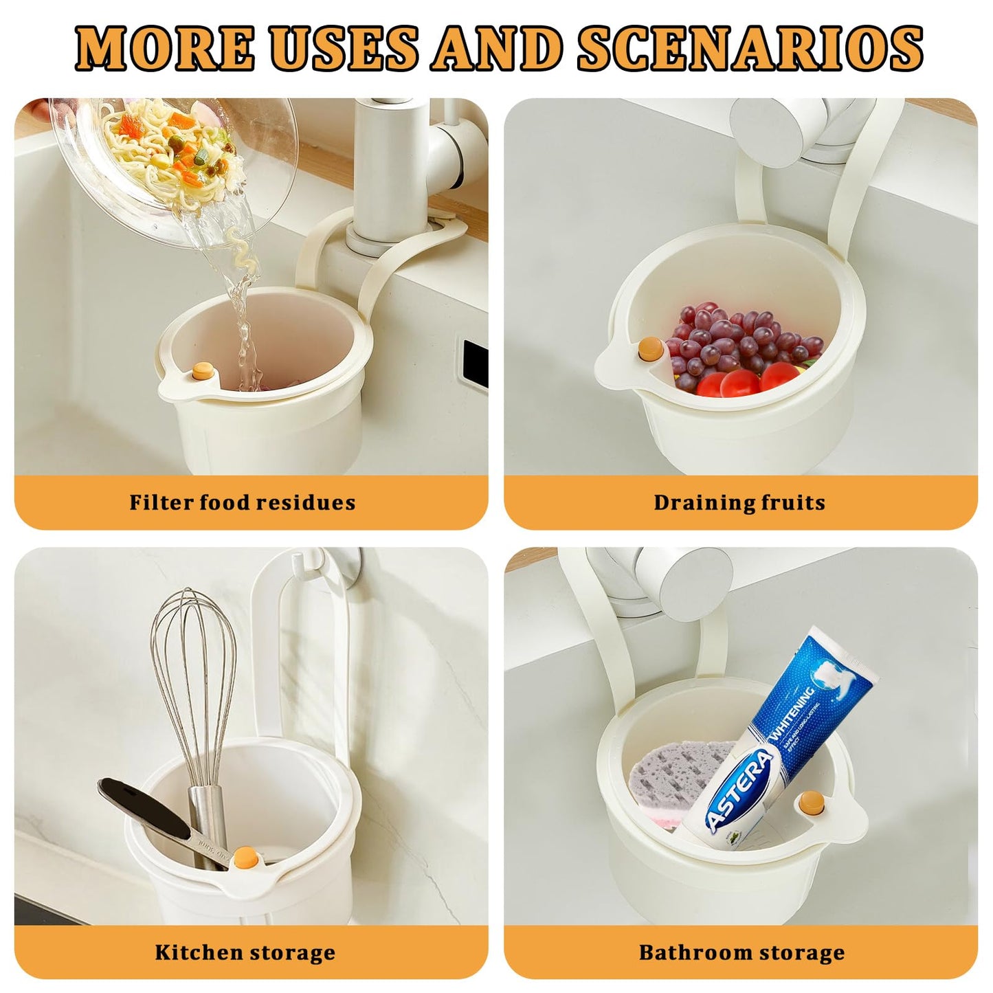Sink Strainer Basket with One-Touch Drain Mesh, Snap-On Strap & Detachable Design – Kitchen Sink Food Scrap Filtering Storage Organizer (White)