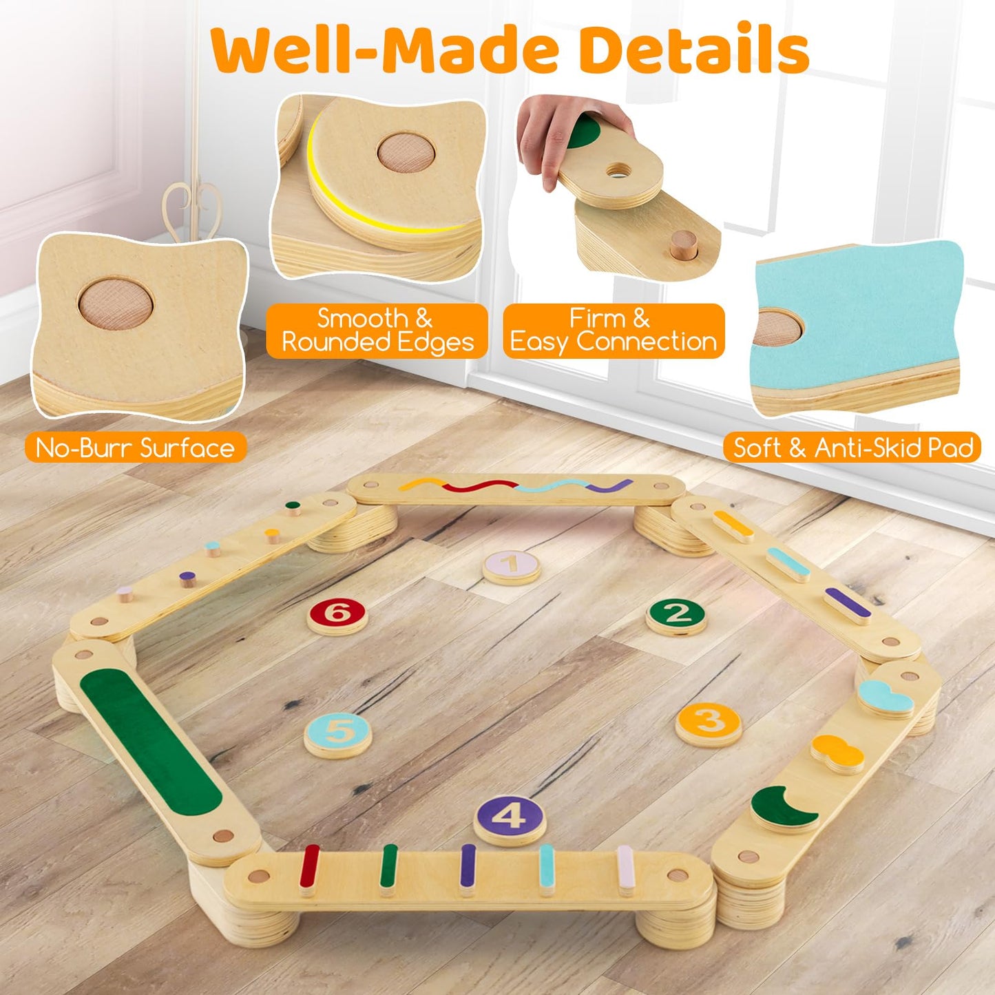 Costzon Montessori Wooden Balance Beam Step Stones, Double-Sided 12-pcs Kids Gymnastics Obstacle Course Balance Board Playset for Coordination, Motor Skills, Natural Development Toy Gift Age 3+ Years