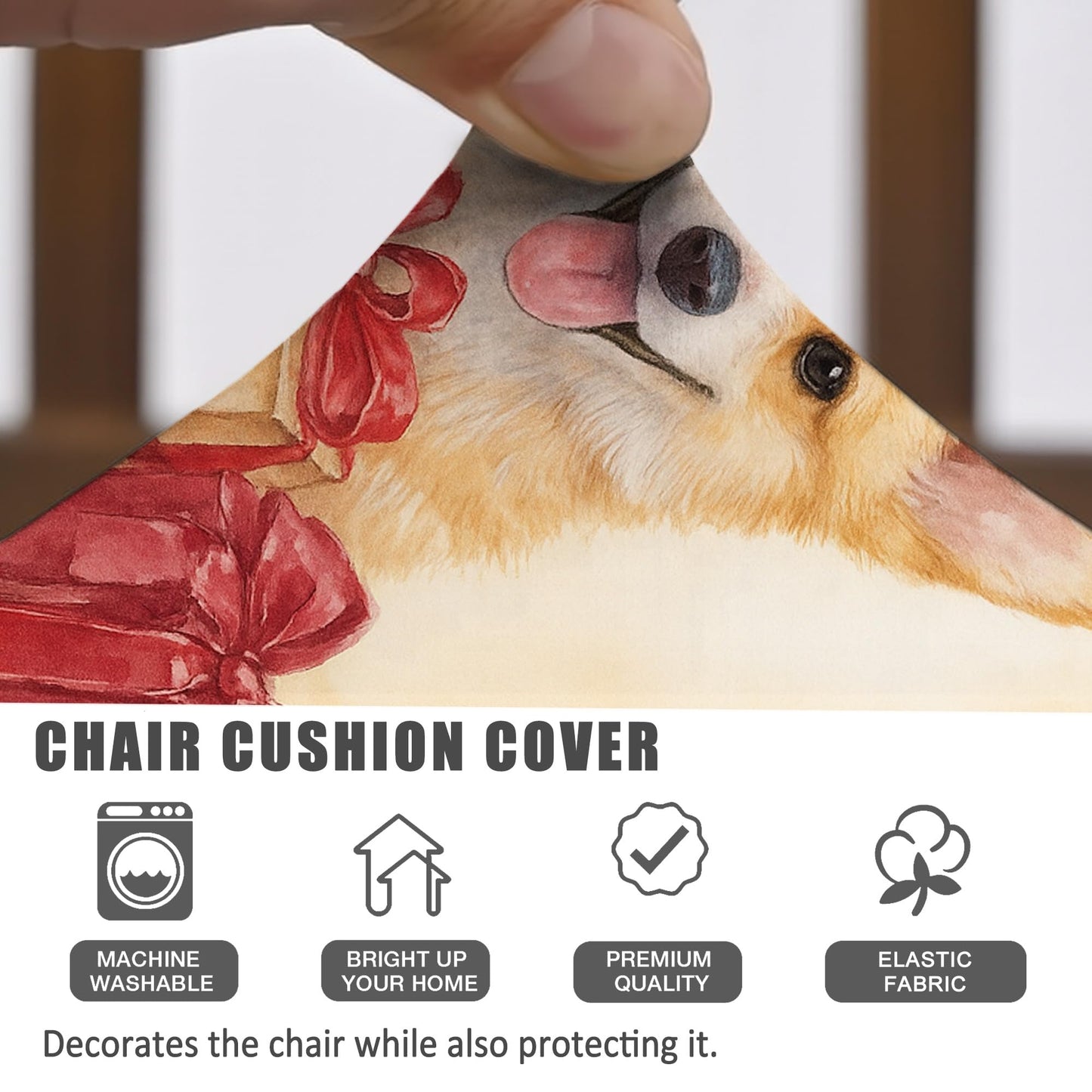Corgi Holiday Chair Seat Covers, Stretch Spandex Washable Cushion Slipcovers with Gift Boxes Design, Festive Decorative Covers for Home Dining Decor 4pcs