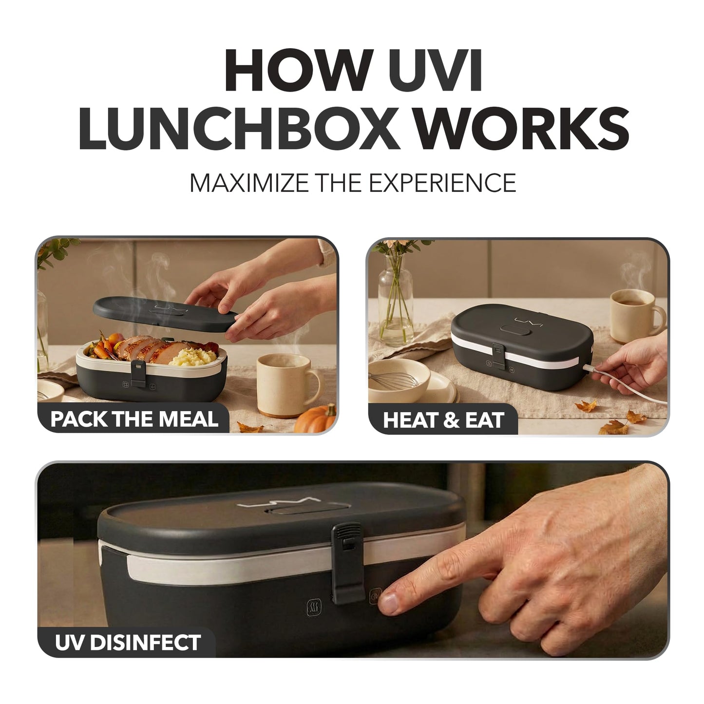 UVI, Self Sanitizing Electric Lunch Box for Adults, Portable Food Warmer for Work & Travel, Portable Heated Lunch Box for Men & Women (Charging Box Not Included)