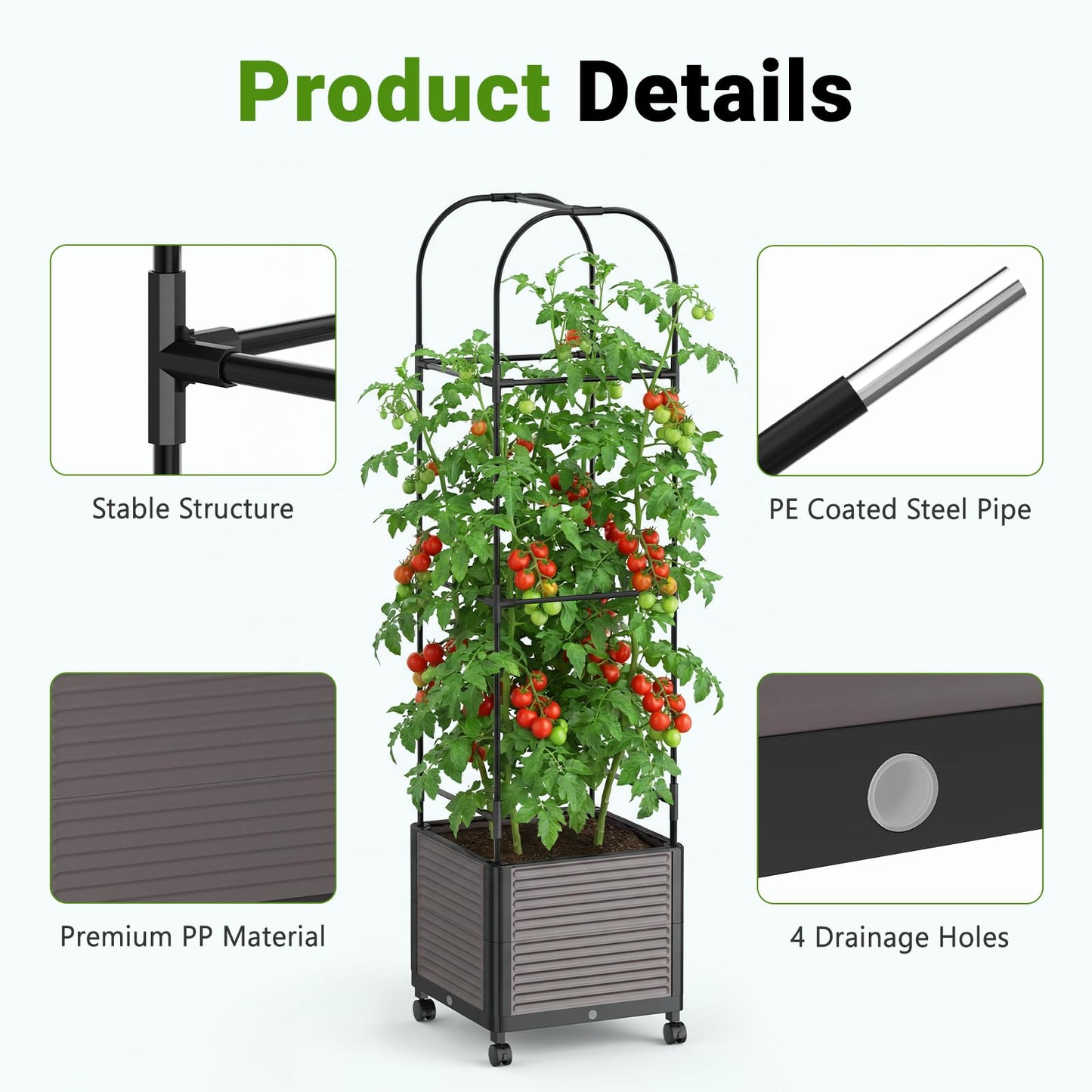 DoCred 60" H Raised Garden Bed Planter Box with Wheels, 3 Pack Tomato Cage Planter Raised Garden Bed with Trellis for Climbing Vegetables Plants Tomato Cage, Indoor Outdoor Use