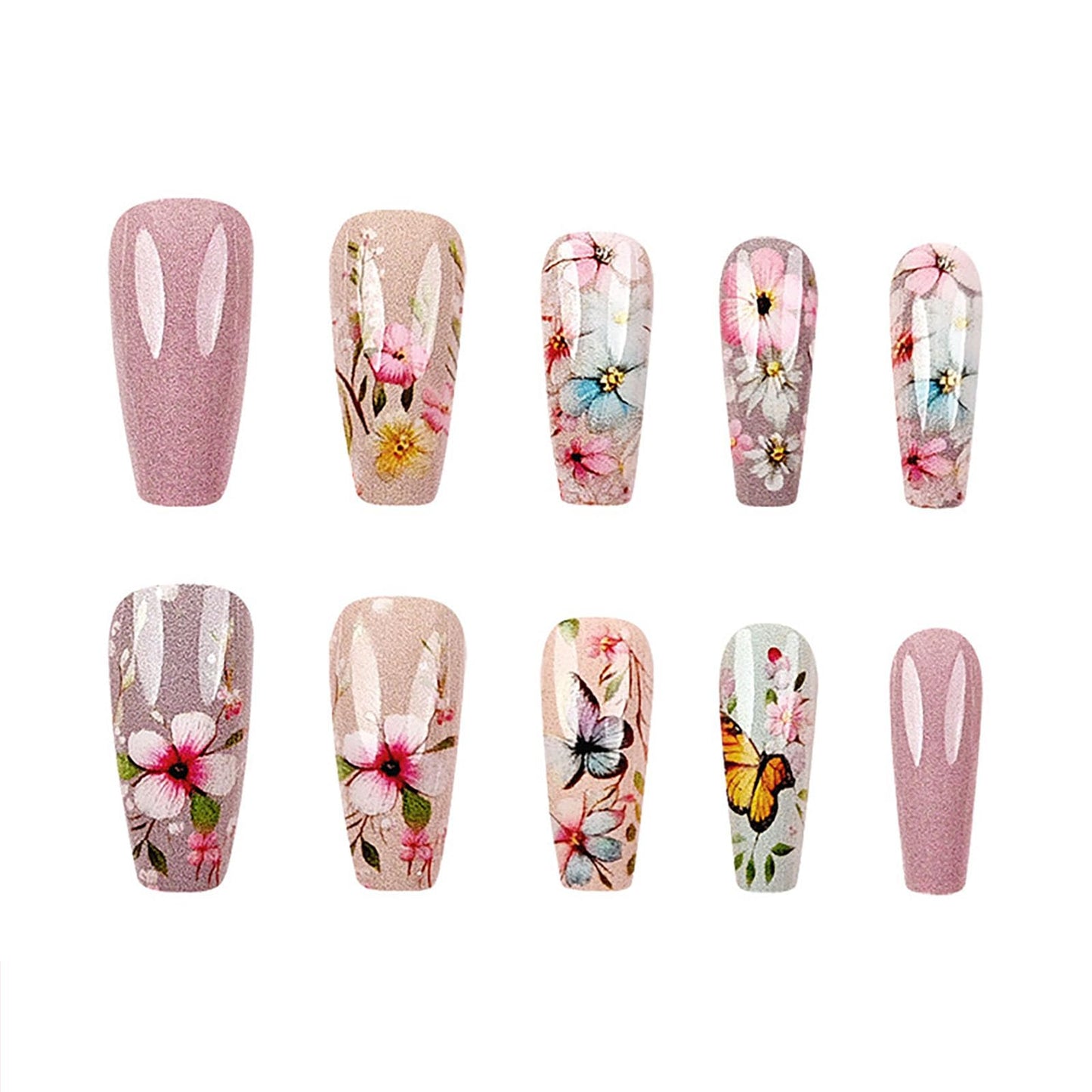 Spring Press on Nails Coffin Medium Fake Nails with Floral Butterfly Designs Pink Nails Press ons Glossy Glue on Nails Full Cover False Nails Cute Acrylic Nails Summer Stick on Nails for Women 24Pcs