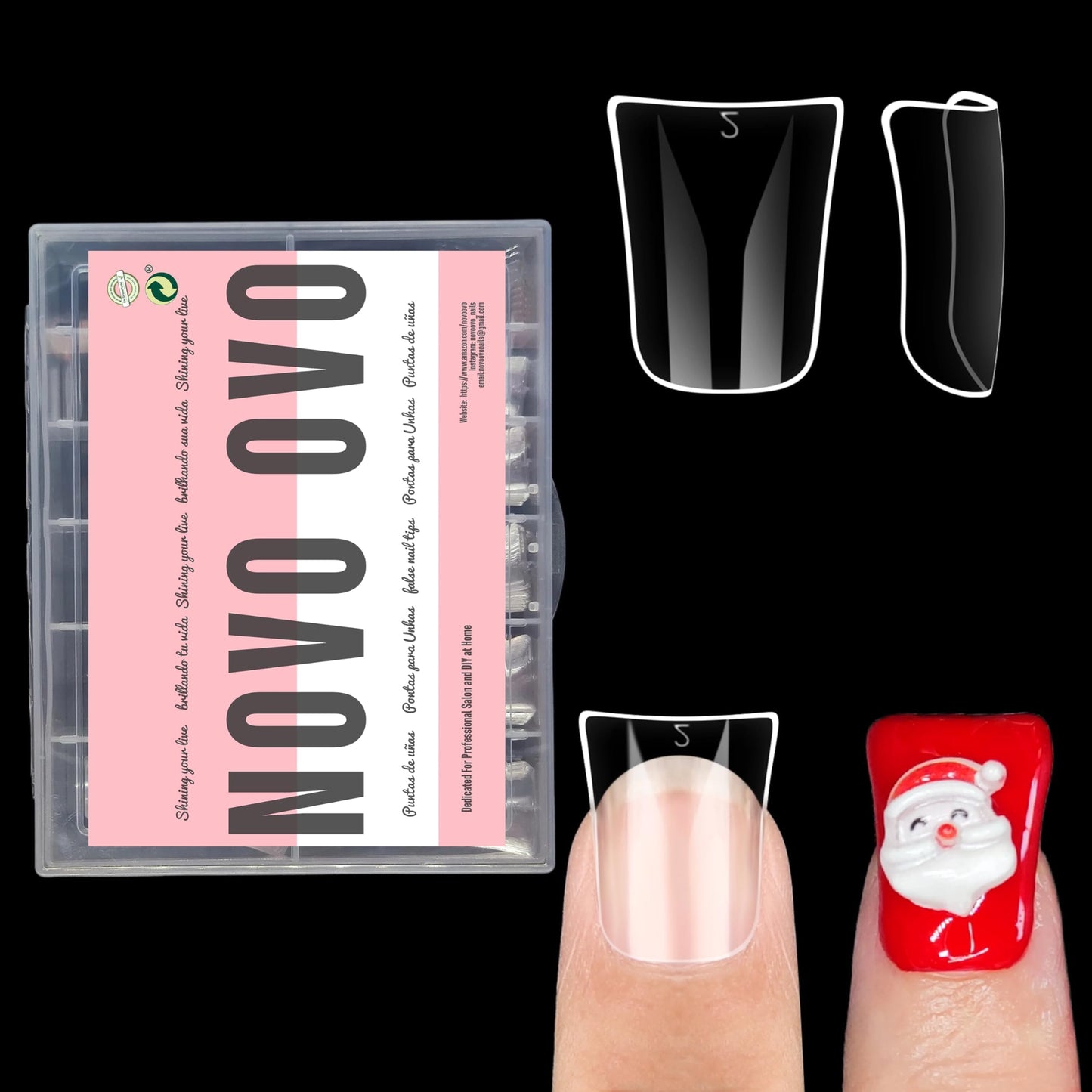 NOVO OVO Duck Feet Nail Tips for Small and Medium Hand, Extra Short Full Cover Press On Acrylic, Clear Full Coverage Thick Flare French Soft Gel Fake False Nail Extension x 12 Sizes
