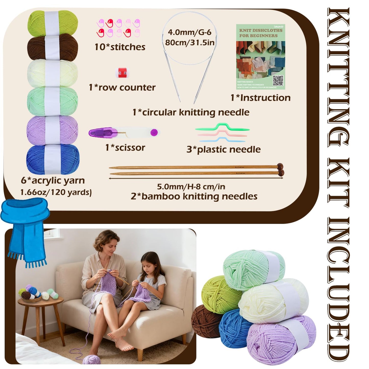 Lewhoo Knitting Kit for Beginners,Learn to Knit Kit for 6 Patterns Dishcloth with Step-by-Step Instruction,Complete Knit Starter Kit -Including Yarn, Knitting Needle&Accessories