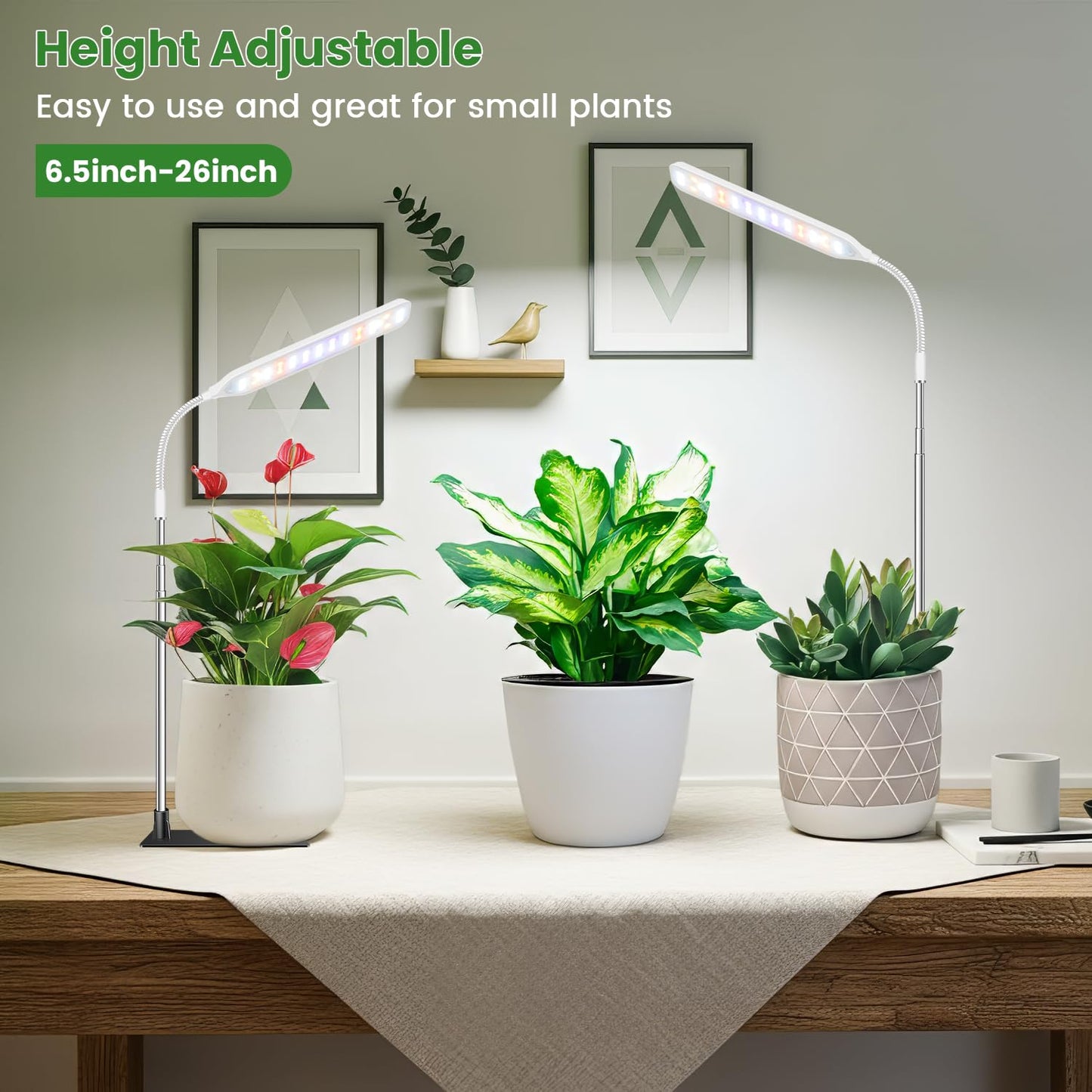 Wolezek Grow Lights for Indoor Plants, 52 LEDs Full Spectrum Plant Grow Light with Base, Height Adjustable Grow Lamp with Auto Timer 6/12/16H, 5 Dimmable Brightness, for Small Plants, White, 2-Pack