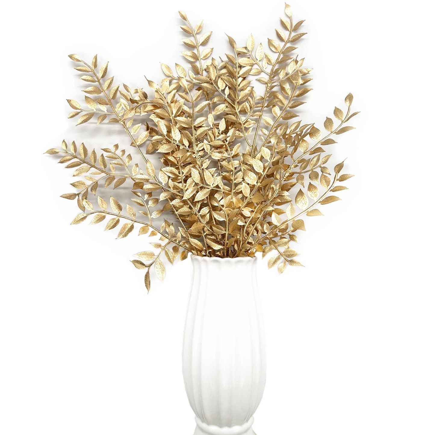 Fake Golden Leaves Plant for Christmas Decorations, Artificial Gold Plants Foliage Stems Plastic Simulation Faux Leaf Stem for Home Garden Wedding Party Decor DIY Glitter Crafts Gift Ornaments 5 Pcs