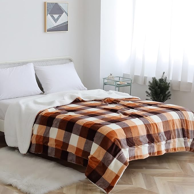 SOCHOW Buffalo Plaid Sherpa Fleece Throw Blanket, Double-Sided Checkered Super Soft Luxurious Bedding Blanket 50 x 60 inches, Orange