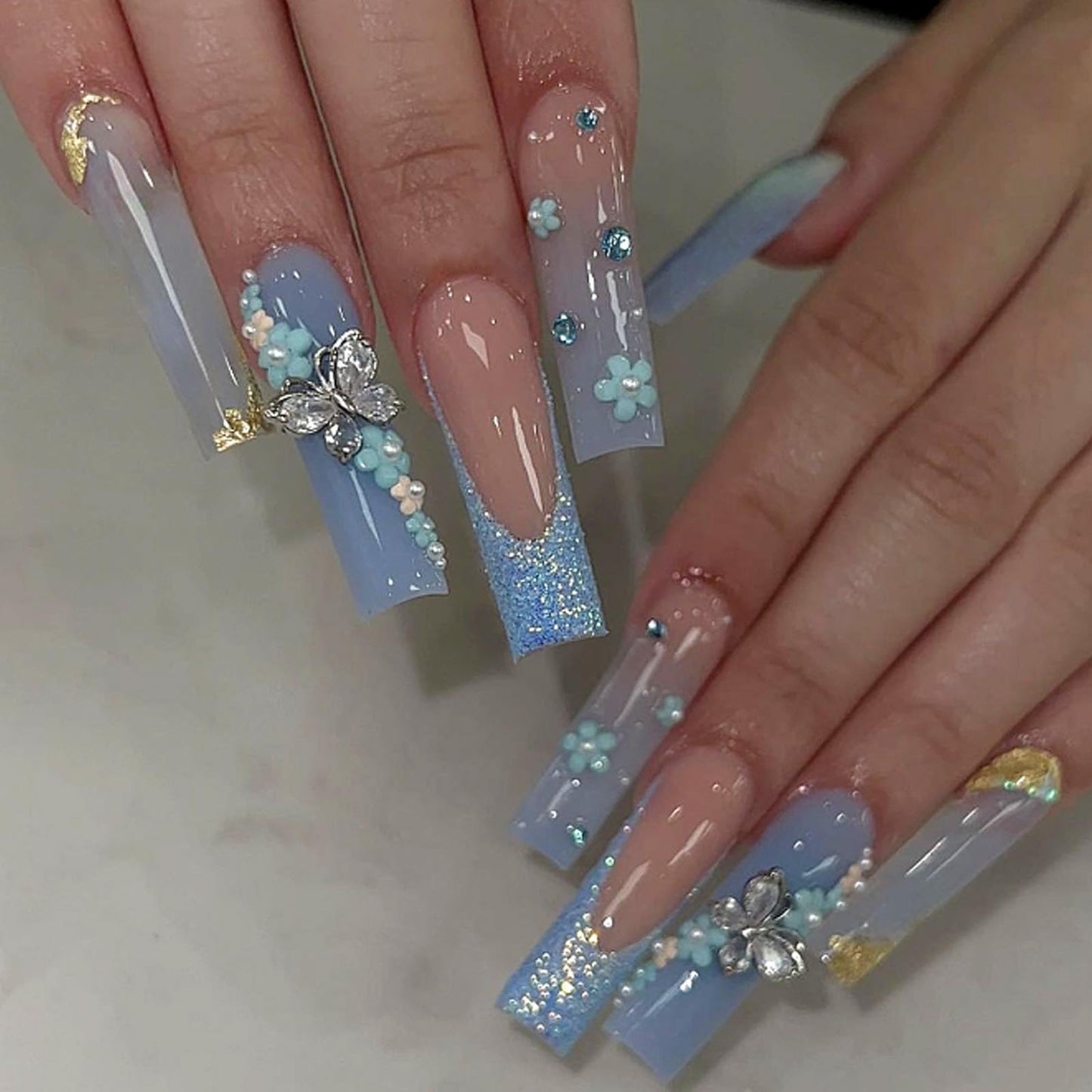 Hkanlre Long Press on Bling Nails Square Blue Fake Nails Tips Full Cover False French 3D flower Nails for Women and Girls 24PCS