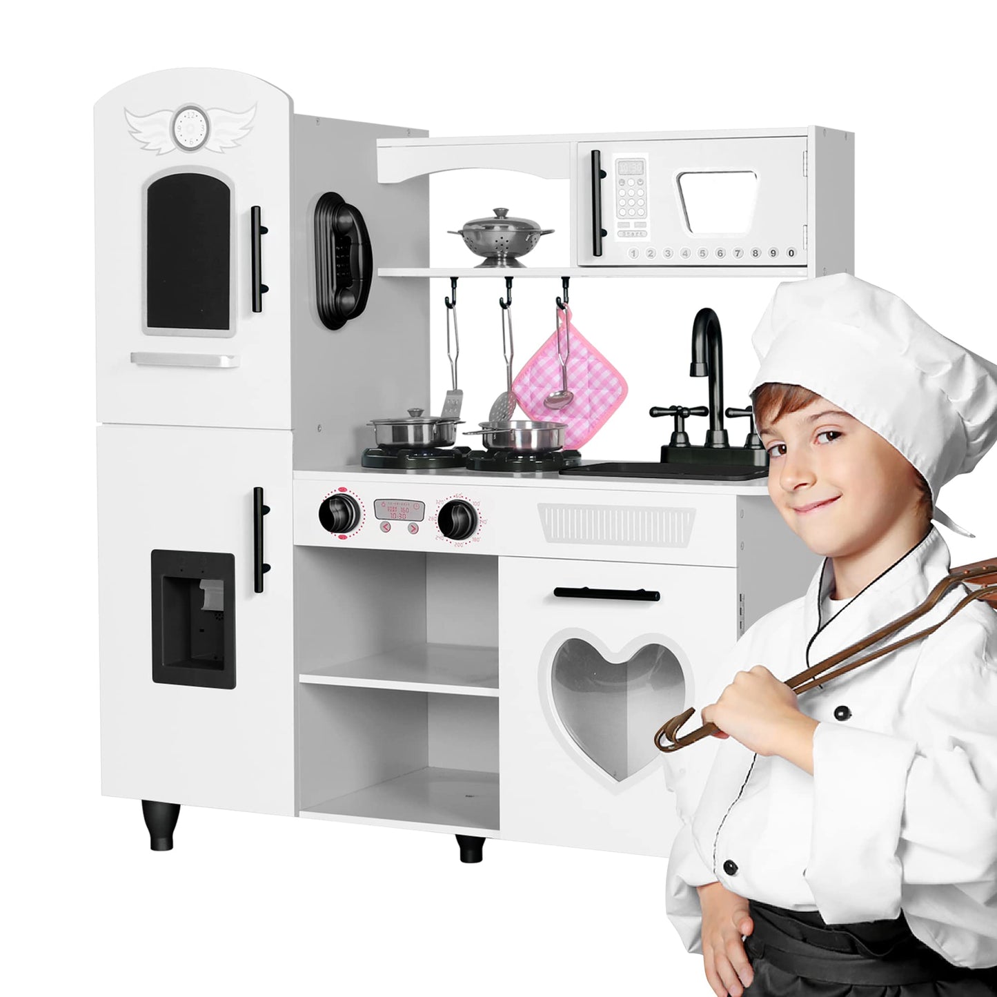 TaoHFE Wooden Kitchen Playset for Toddlers - Kitchen Toy Set with Lights & Sounds for Pretend Play, Gift for Kids Age 3+ (White)