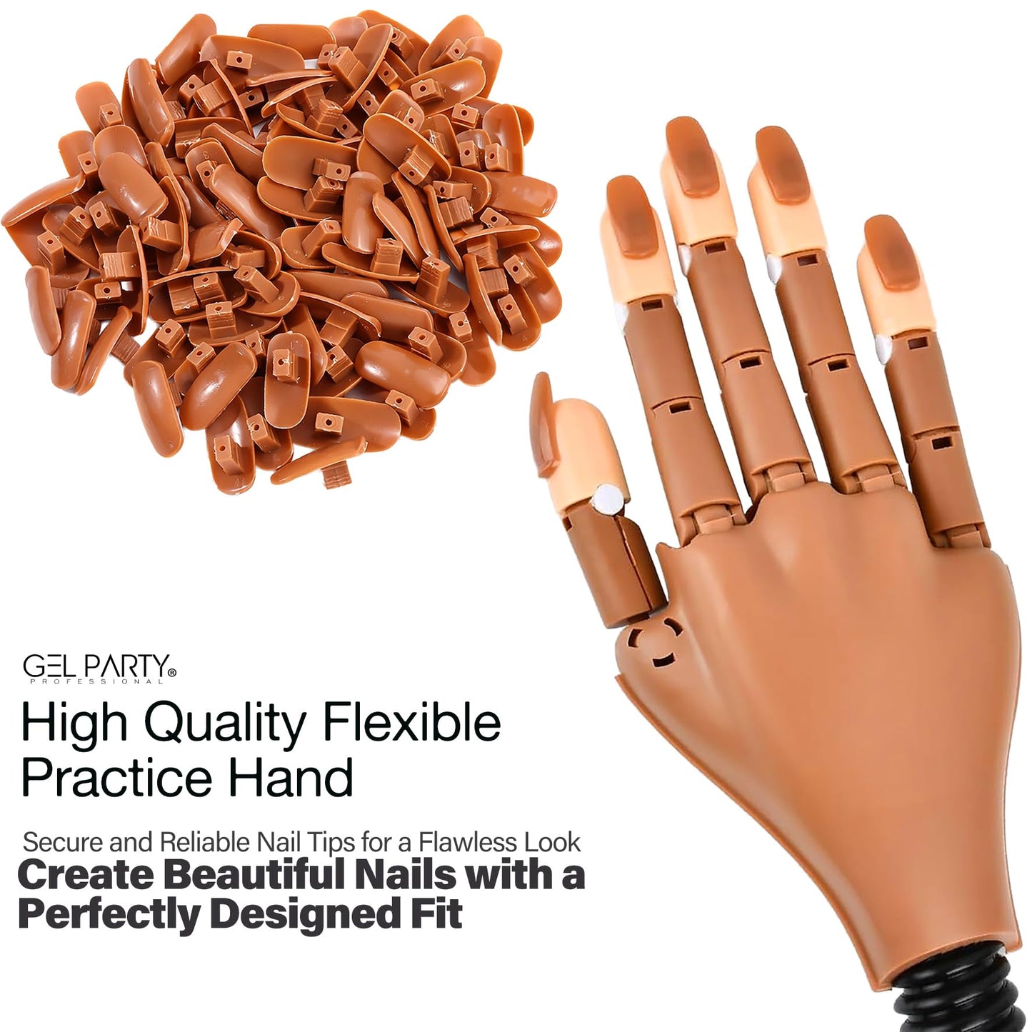 GELPARTY Flexible Nail Practice Hand with Table Clamp – Professional Manicure Training Hand for Acrylic & Gel Nails – Includes 100pcs Replacement Brown Tips, Adjustable & Reusable (Basic Hand Set B)