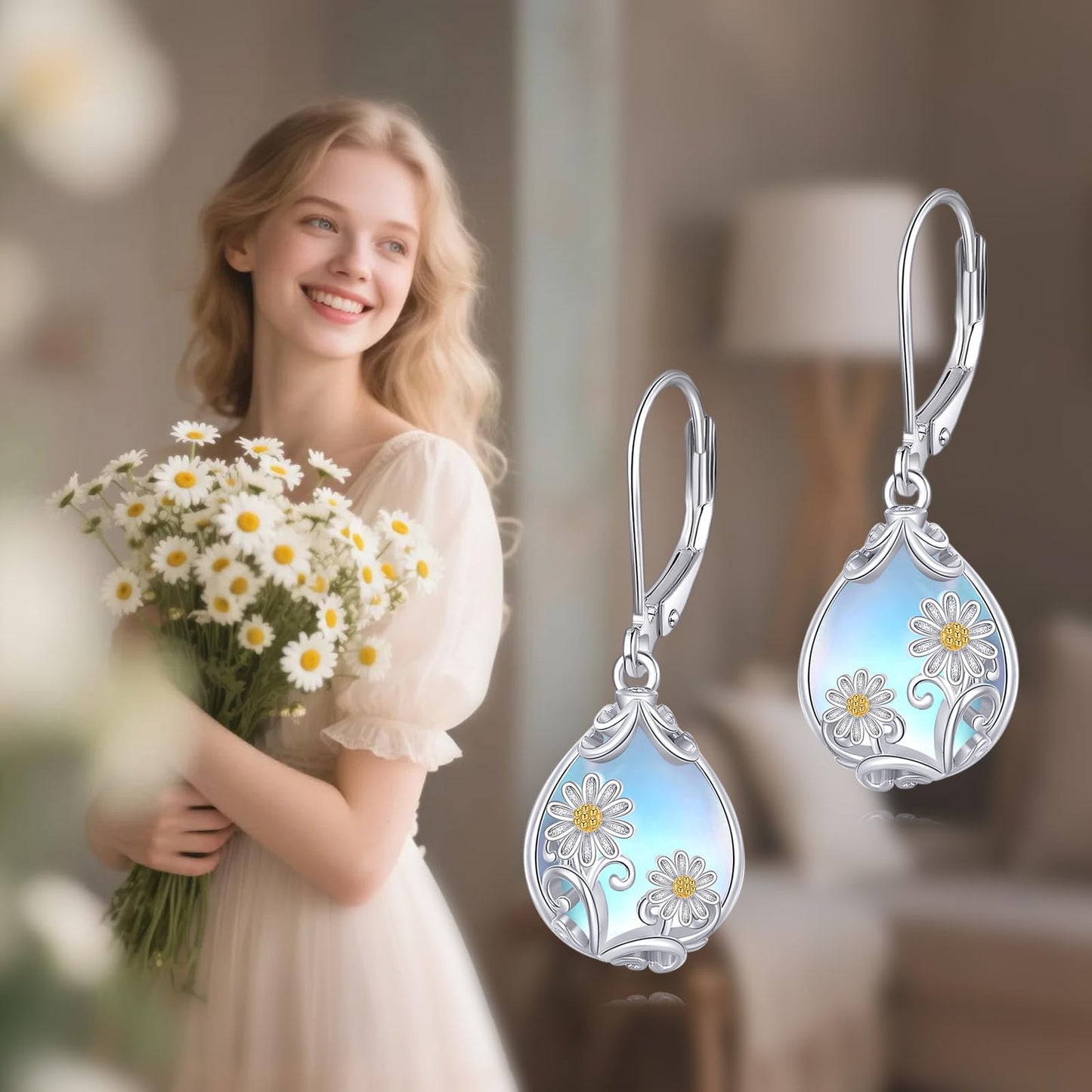 POPLYKE Moonstone Filigree Teardrop Drop Dangle Earrings Sterling Silver Daisy Leverback Earrings Moonstone Jewelry Gifts for Women