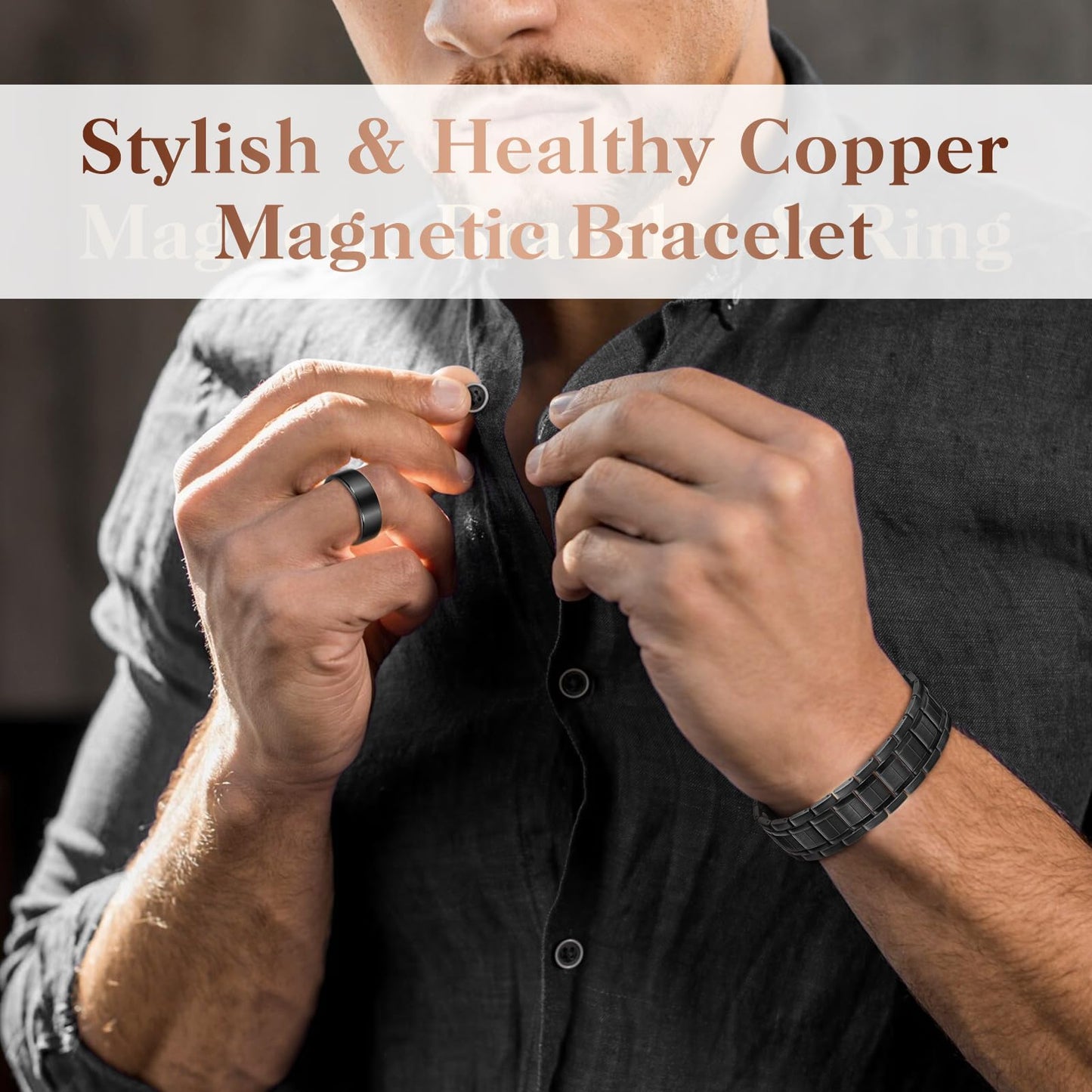 Mahnco Copper Bracelet for Men with Triple-Row Strong Magnets Magnetic Bracelets & Lymphatic Drainage Ring Set with Adjustable Sizing Tool, Magnetic Jewelry Gift (Black)
