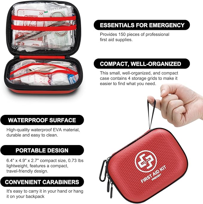 Mini First Aid Kit - 150 Piece Small Waterproof Hard Shell Medical Kit for Home, Car, Travel, Camping, Truck, Hiking, Sports, Office, Vehicle & Outdoor Emergencies- Small First Aid Medical Kit (Red)