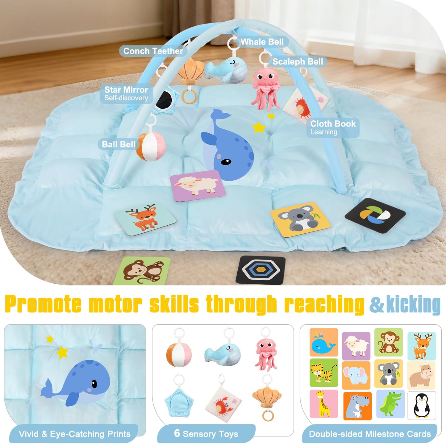 5-in-1 Tummy Time Mat Baby Activity Gym with Cartoon Pattern, Extra Thick Plush Play Floor Mat, Featuring Hanging Toys, Sensory Development Gym & Lovely Gift for Newborn Baby, Whale