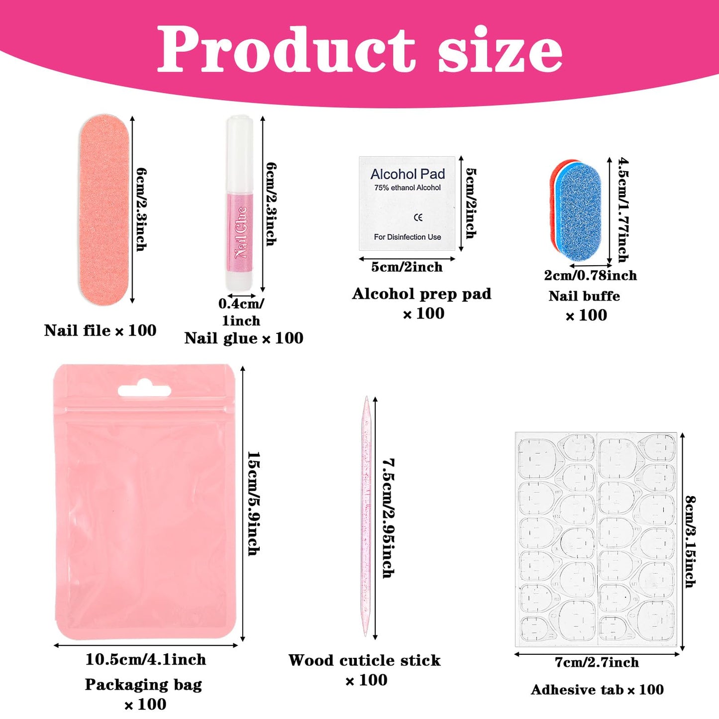 100 Set Press on Nail Kit for Salon Business, Disposable Nail Prep Kit with File Buffer Glue Prep Pad Adhesive Tabs Wood Stick, Press on Nail Kit with Everything in Holographic Bag