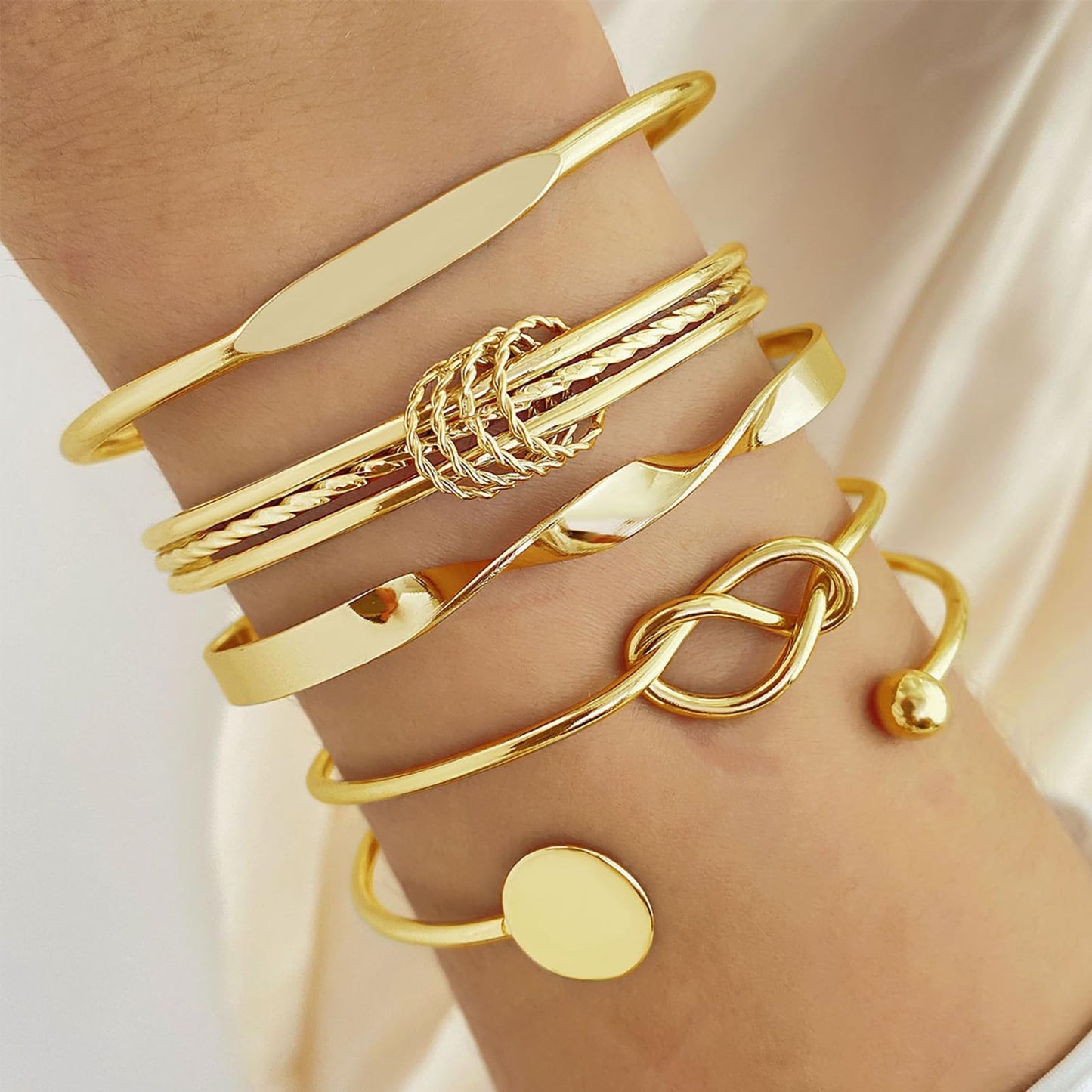 IFKM Gold Bangles Bracelets For Women, 14k Gold Plated Multi Layer Stackable Cuff Bracelet Set, Trendy Elegance Charms Non Tarnish Minimalist Textured Boho Jewelry Gift for Women