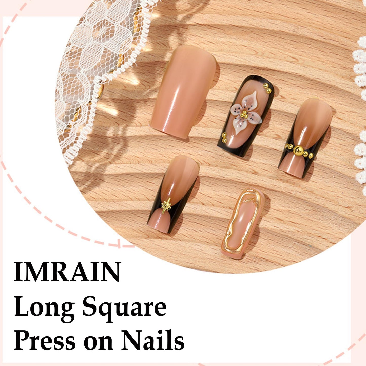 IMRAIN Press on Nails Long Square Fake Nails Brown Ombre False Nails Glossy Acrylic Stick on Nails for Women