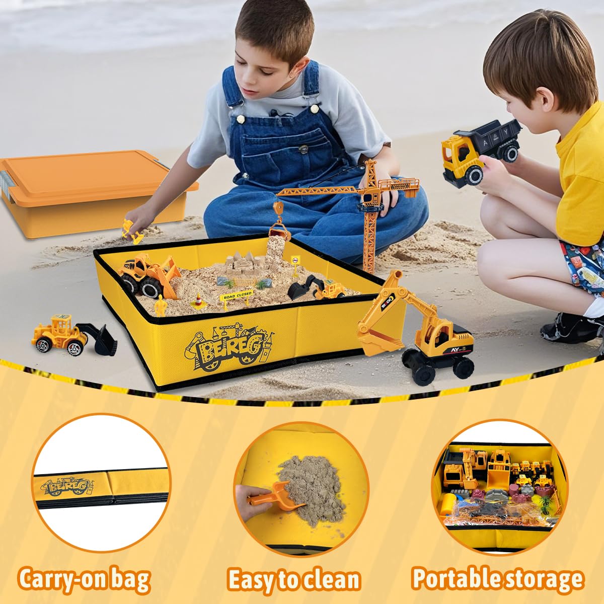 BEIREG Construction Sensory Sand Kit - 42 PCS Building Set with 2lbs Magic Sand, 9 Construction Trucks, Foldable Roof Sandbox, Cranes, Road Signs & Tools | STEM Gift for Boys Ages 3-8