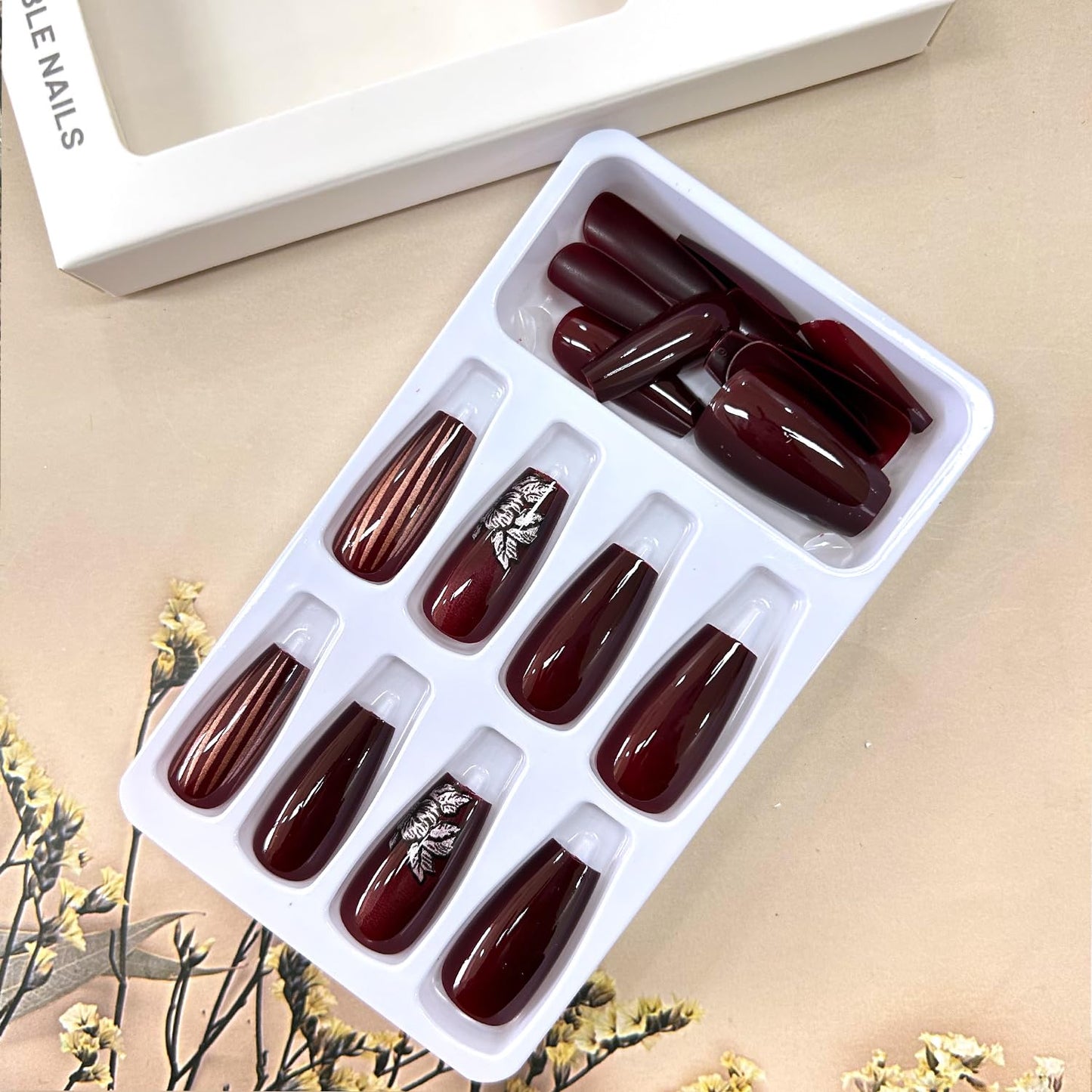 Wine Red Press on Nails Medium Length Flower Stripe Pattern Design False Nails Artificial Coffin Nails Full Cover Glossy Acrylic Nails Solid Color Stick on Nails Ballet Shaped Glue on Nails for Women