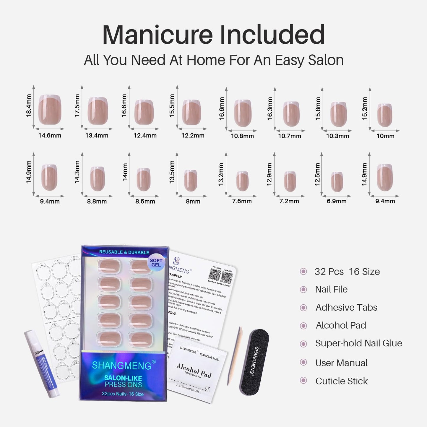 White French Tip Press on Nails Square - SHANGMENG Chrome Press on Nails Short for Women, Semi-Transparent Soft Gel Glue On Nails in 16 Sizes - 32 Fake Nails Kit with Glue, White Noise