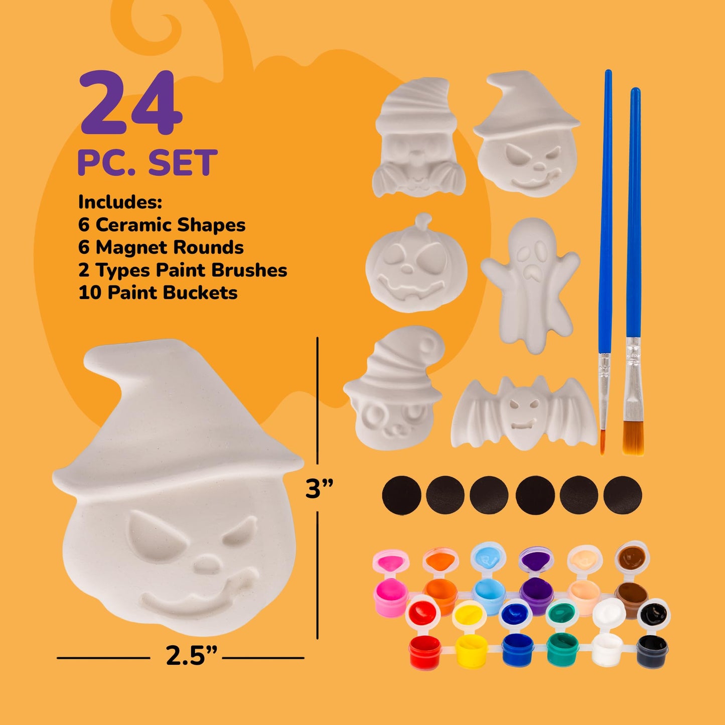 ArtCreativity Halloween Ceramic Fridge Magnet Painting Kit - 6 Pack - Halloween Fall Craft Set Includes Paint, Brushes, Magnets - DIY Home Decor Art & Craft for Beginners - Classroom Gifts Supplies