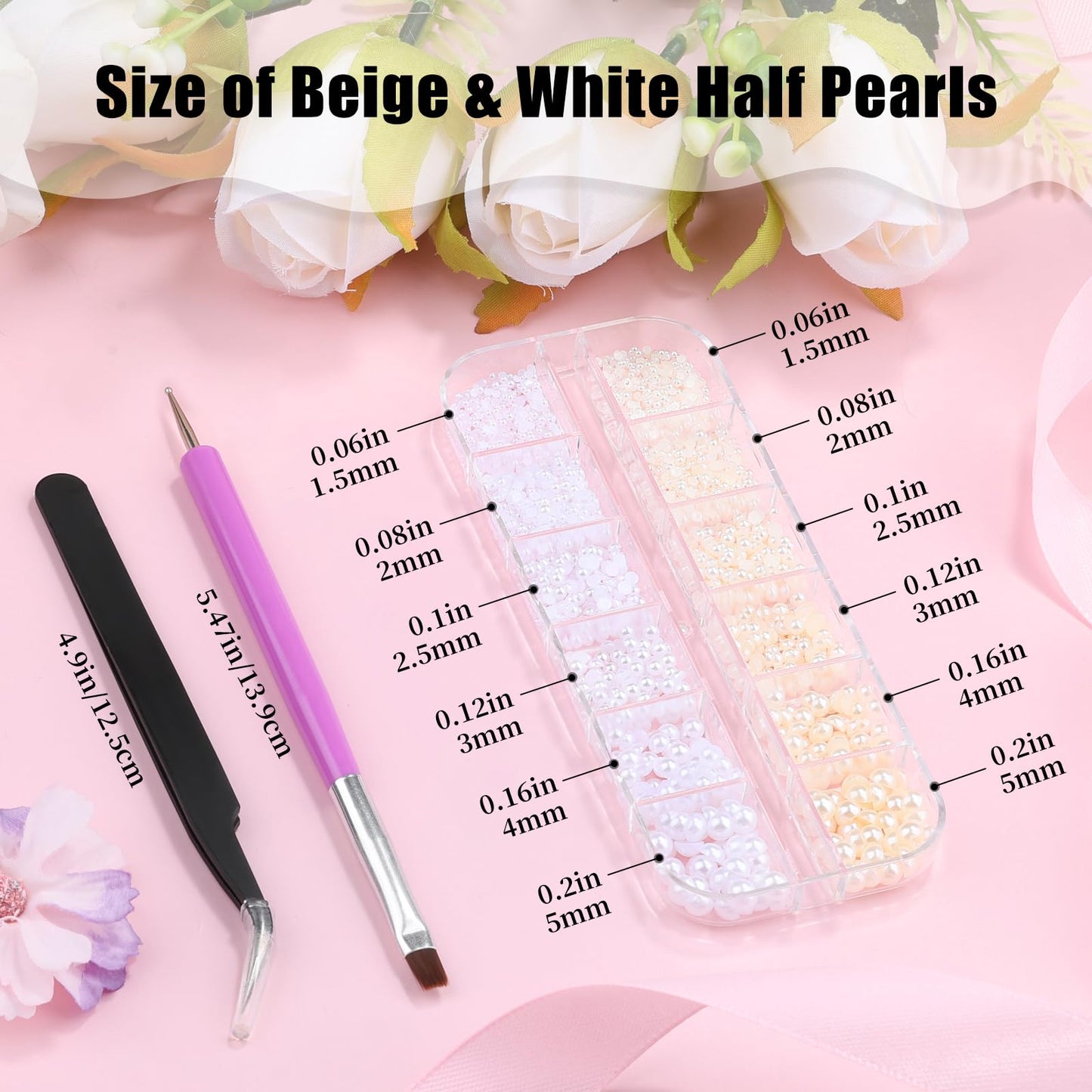 2100Pcs Flatback Nail Pearls Gems, 1.5-5mm White Beige Beads Half Round Nail Charms Beads with Pickup Pencil and Tweezers for Crafting Face Hair Manicure (11-K1-half-pearls-beige-white)