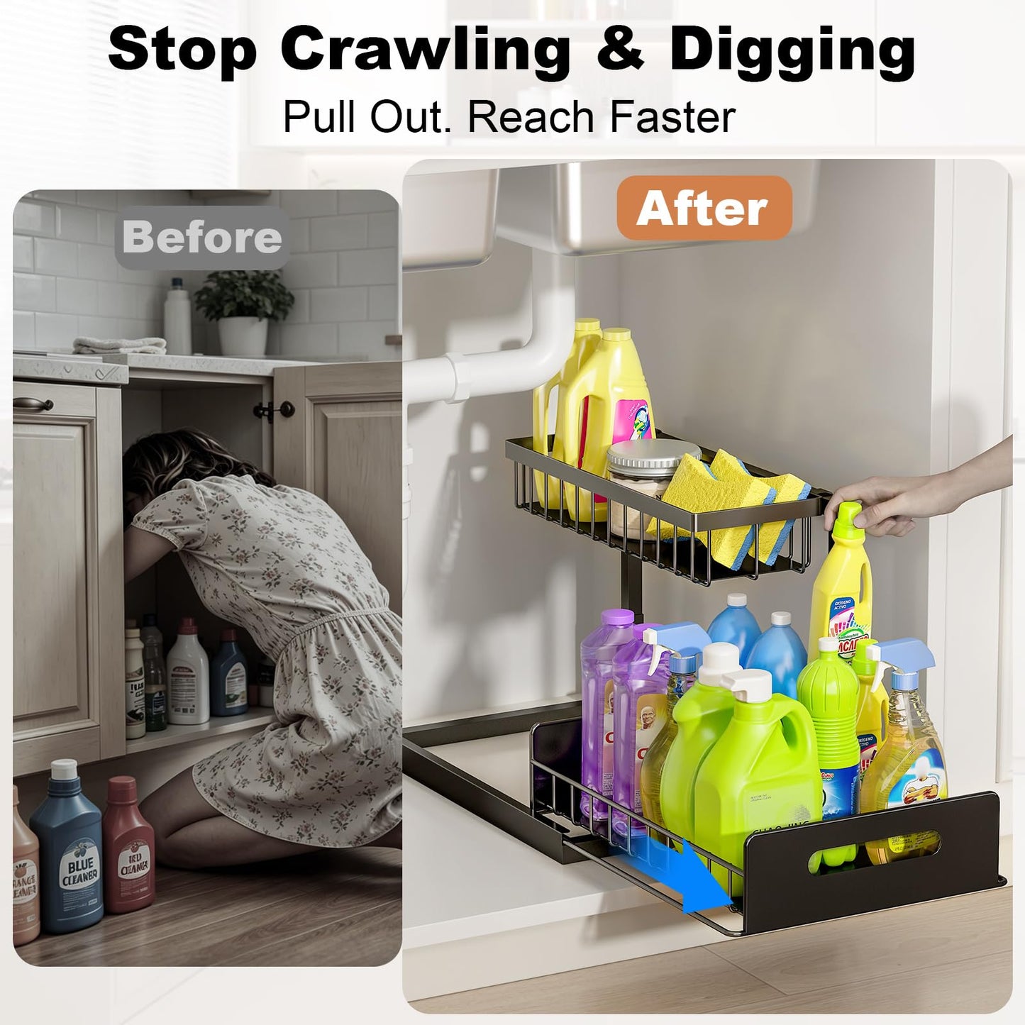REALINN Under Sink Organizer, Pull Out Cabinet Storage 2 Tier Slide Out Sink Shelf, Kitchen Organizers and Storage, Black, 1 Pack