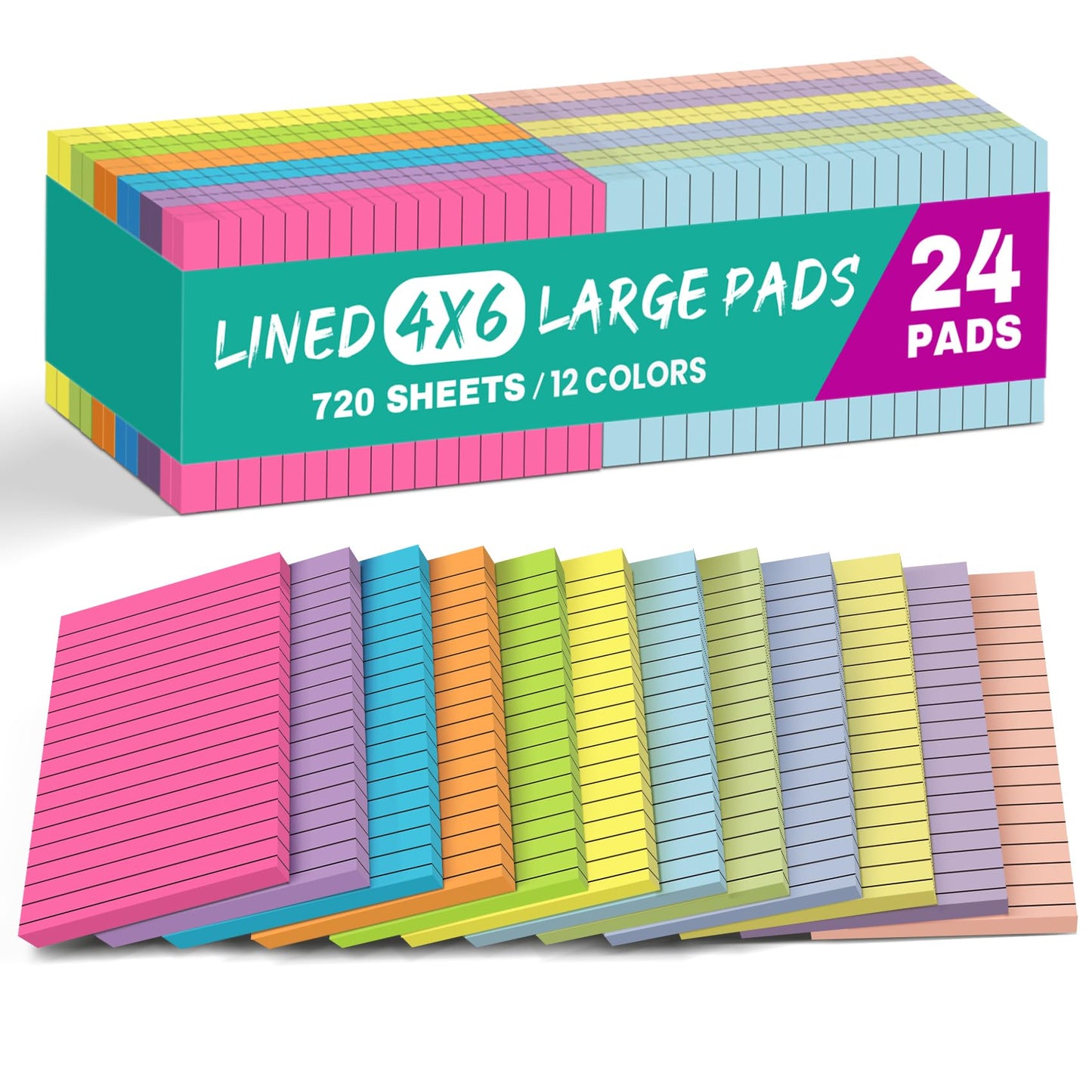 Lined Sticky Notes, 24 Pads, 4x6 Inches, Large Sticky Notes with Lines, Memo Note Pads in Multi Colors, 30 Sheets/Pad, Super Sticking Power for Office ＆ Home & Planning - Bright
