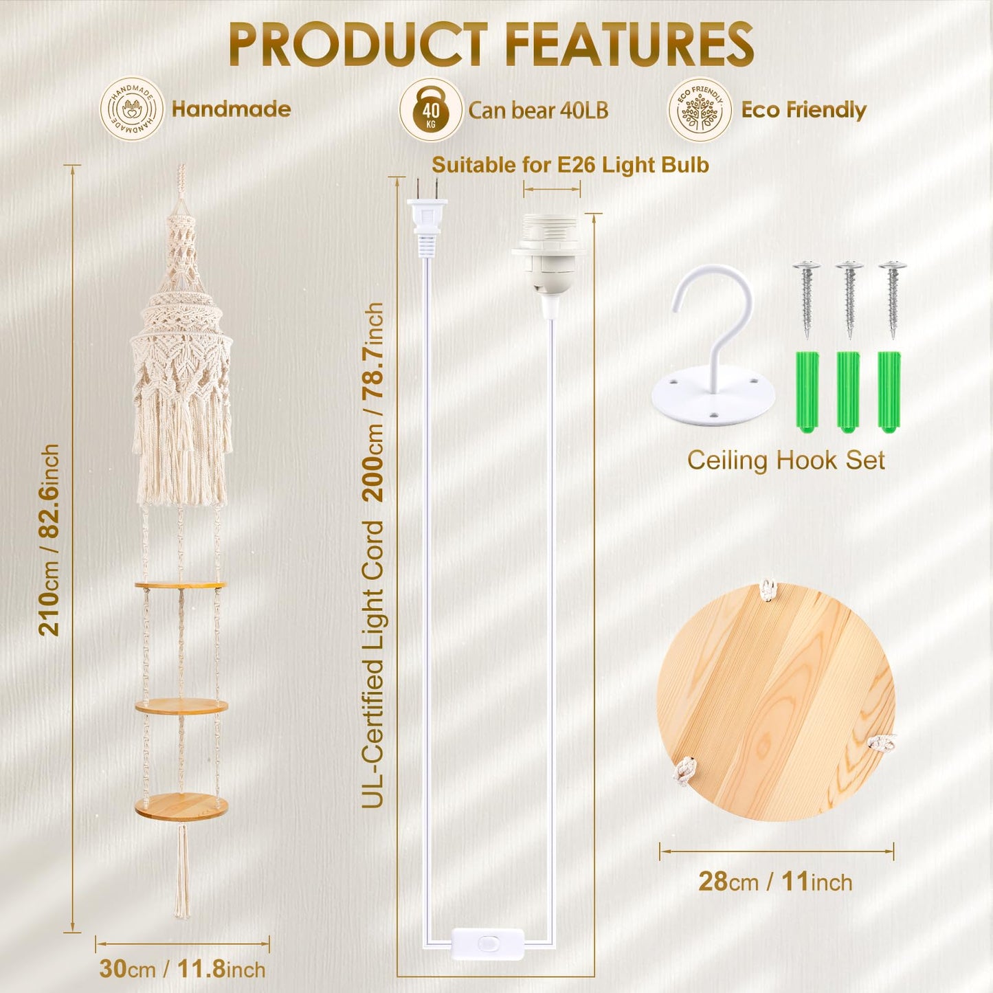 ANROYE 3-Tier Cotton Macrame Hanging Light Fixture Shelf, Boho Corner Pendant Lamp Shade Shelves, Farmhouse Ceiling Plant Hanger Indoor Decor for Women Bedroom Christmas Gift