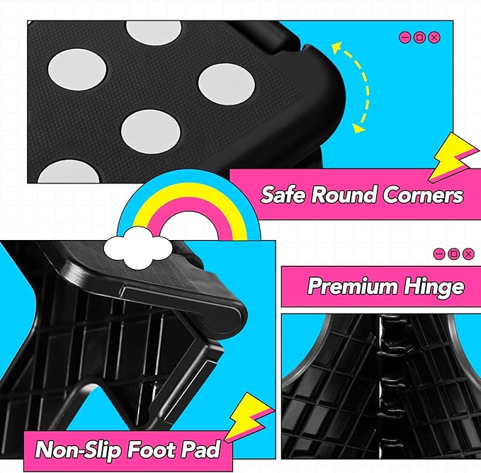 Delxo Folding Step Stool 13 Inch 2 Pack, Black Non-Slip Foldable Stools for Kids & Adults Up to 300 LBS, Step Stool with Handle, Lightweight for Kitchen/Bathroom/Bedroom/Garden