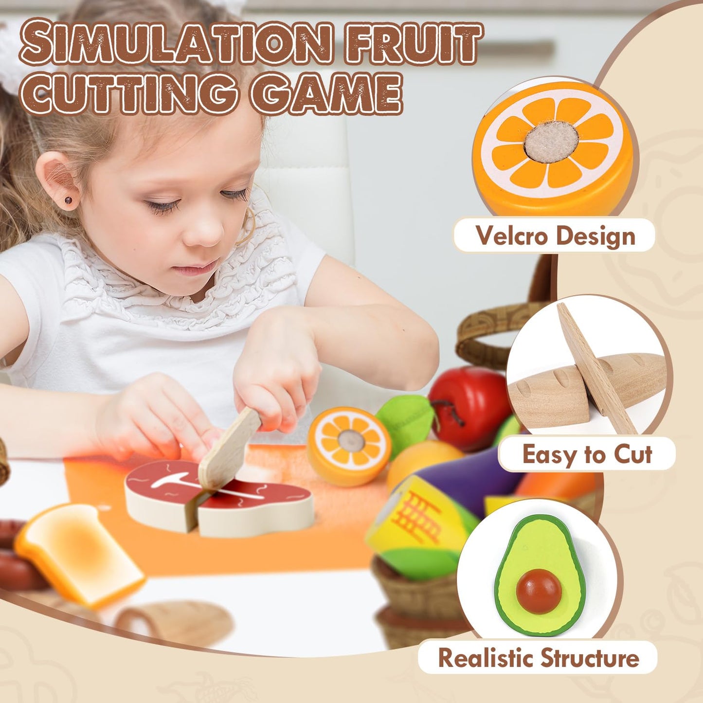 Lehoo Castle Wooden Play Food Set, Toy Food for Toddlers 1-3, Pretend Play Kitchen Accessories, Cutting Food Toys, Montessori Sorting Toys for Kids 3-5 Girls Boys