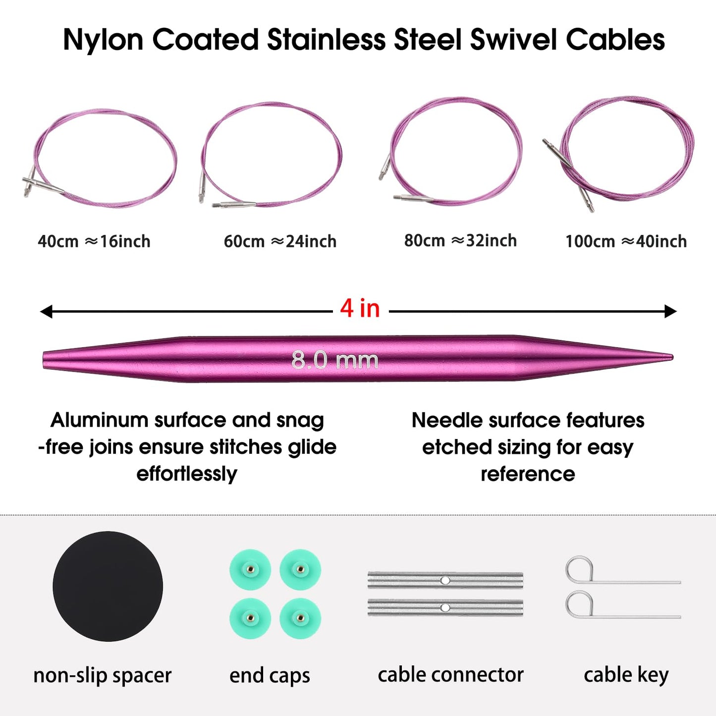 Guclud 4-Inch Interchangeable Circular Knitting Needles Set | US 2.5-15 (3.0-10.0mm) | 13-Pair of Metal Circular Needles | 4 Cables (16", 24", 32", and 40"), Accessories & Case