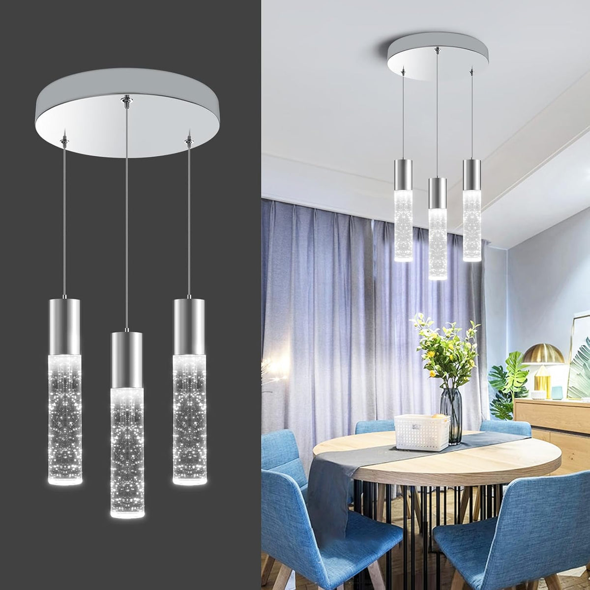 OKELI Dimmable LED 3-Light Pendant Light for Kitchen Island, 18W 1350LM Modern Bubble Crystal Island Light Fixture,6000K, Electro-Chrome, Easy Installation, Round