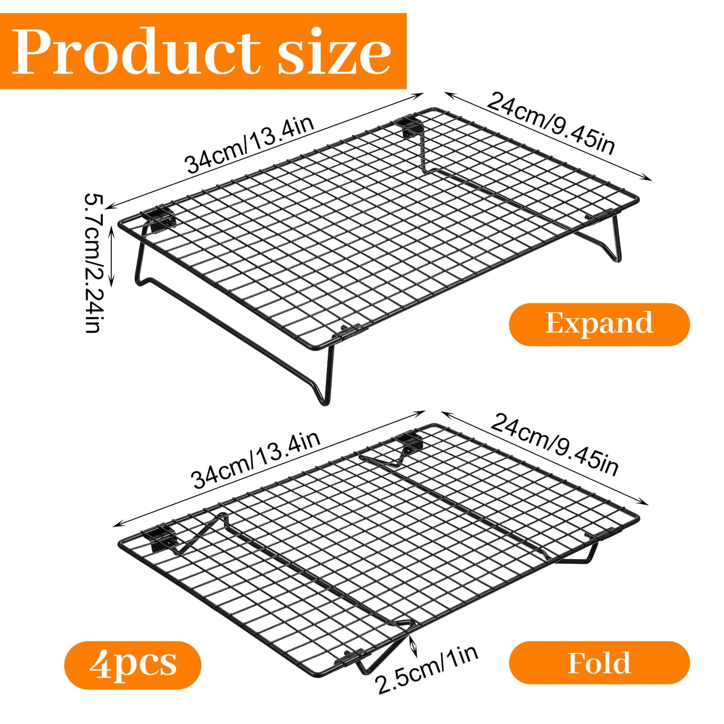 4 Pcs Cooling Racks, 13.4x9.45 Inch Cookie Cooling Racks For Baking, Stackable Carbon Steel Wire Rack with Folding Legs For Cooking, Roasting, Grilling