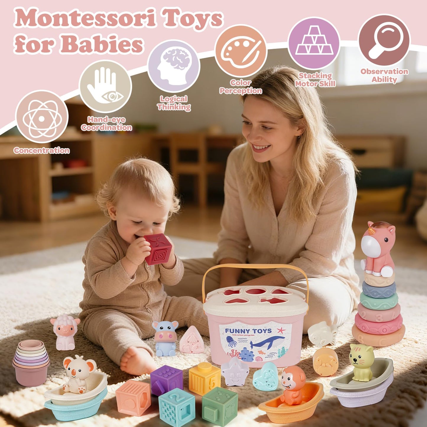 FUNWEGOT Montessori Baby Toys for Infants 6-18 Months Toddler 6–12 Months Shape Sorter Sorting Stacking Toy Sensory Learning Set with Stacking Rings for Babies Birthday Gift