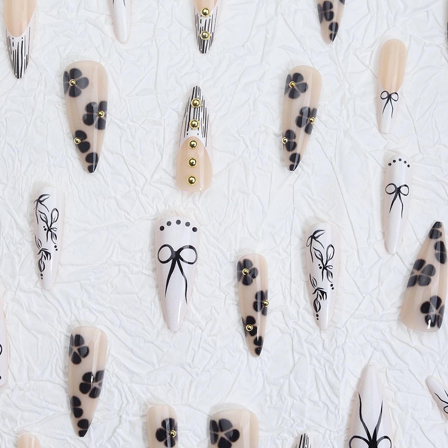 MISUD Press on Nails - Long Stiletto Fake Nails with Black White, Acrylic Handmade Gold Bead Design 24 pcs