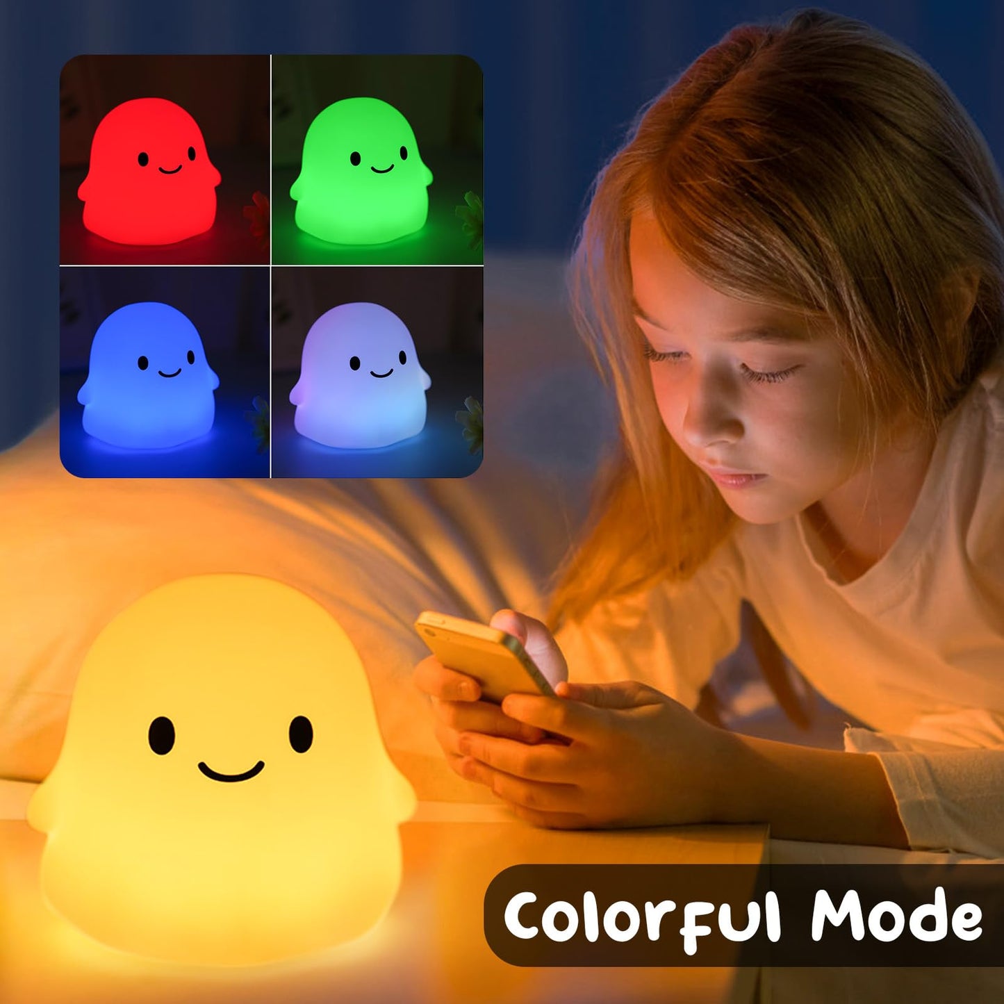 PSDRIQQ Cute Ghost Night Light Squishy Silicone Nursery Nightlight Dimmable Rechargeable Bedside Lamp with Timer & Tap Control, Christmas Gift Halloween Decor