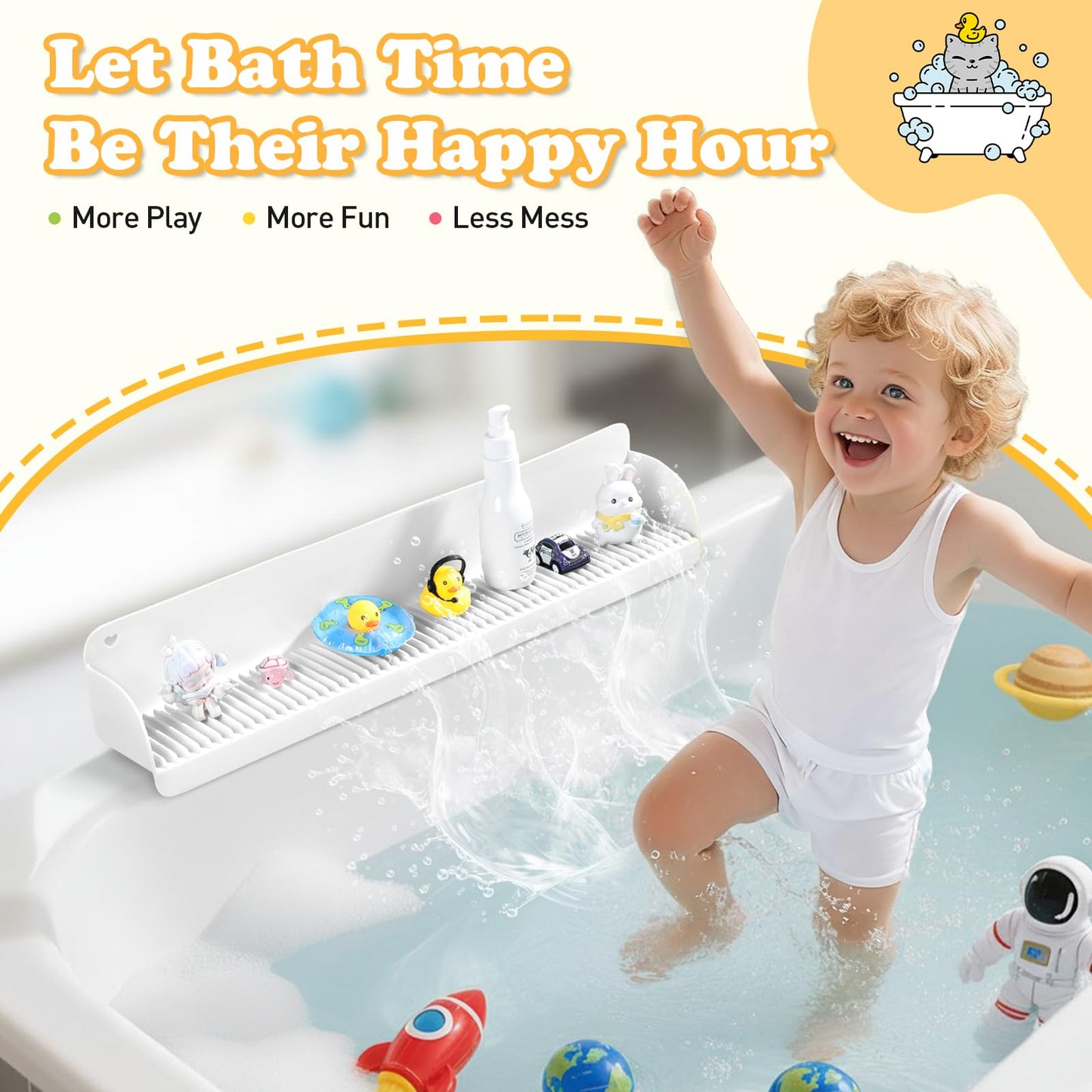 AGPTEK 24 Inch Bathtub Splash Guard with 10 Suction Cups, Silicone Tub Water Splash Guard for Bathtub, Bath Toy Tray Holder Play Shelf for Kids, Universal for Bathroom, Kitchen Sink (White)