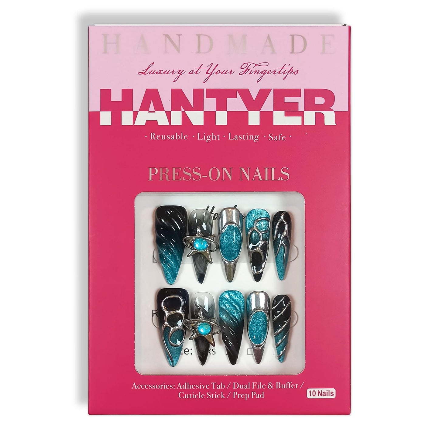Hantyer Long Stiletto Press On Nails, Handmade Soft Gel Turquoise & Black Abstract Fake Nails with Unique 3D Ring & Metallic Swirls, Statement Reusable False Nails 10PCS Kit (Size XS)