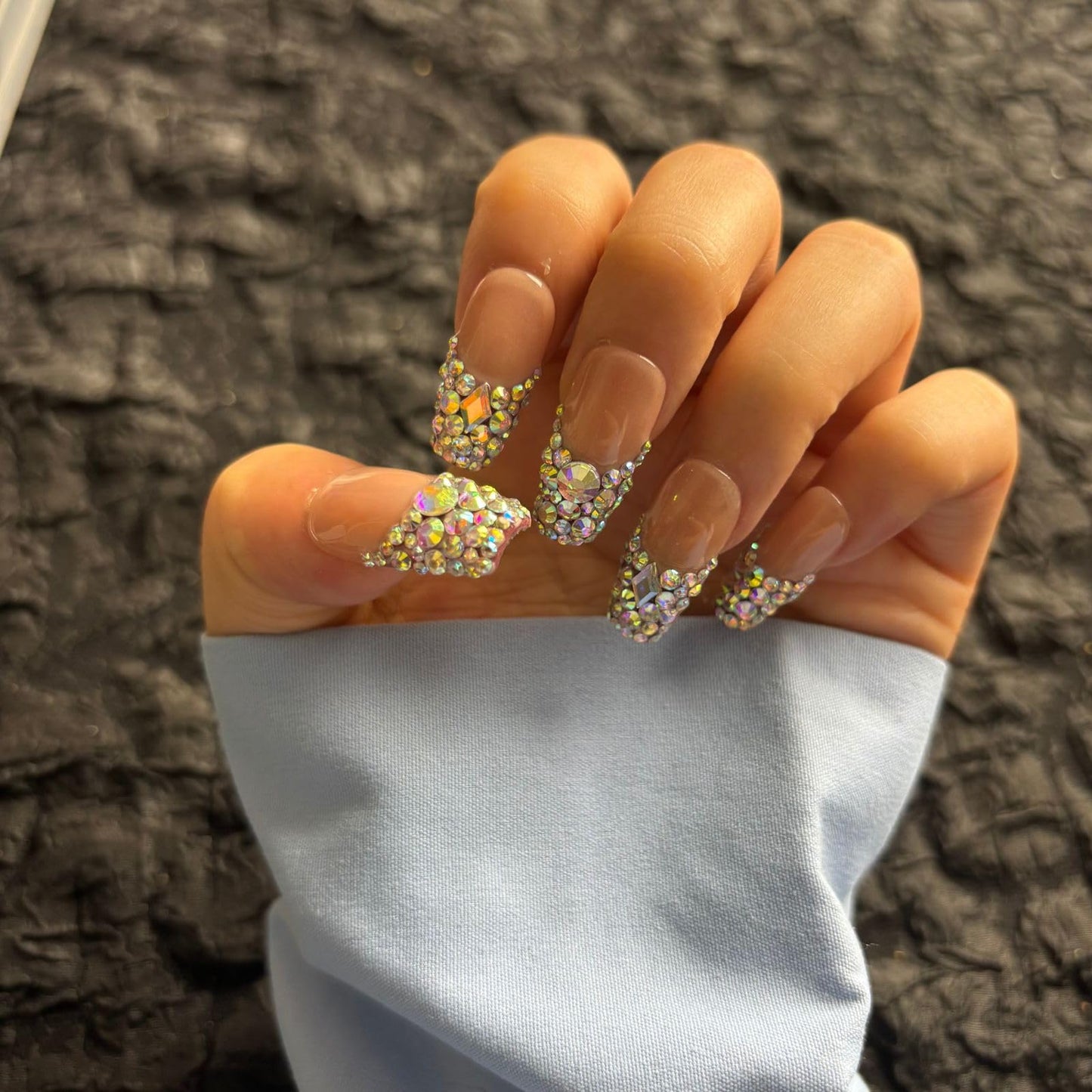 AKA Unicron Handmade French Tips Press On Nails Medium Short Coffin Acrylic Fake Nails Press Ons with Shining Rhinestones Charm Design,Nail Charm Nature Lasting Stick On Woman Fingernails