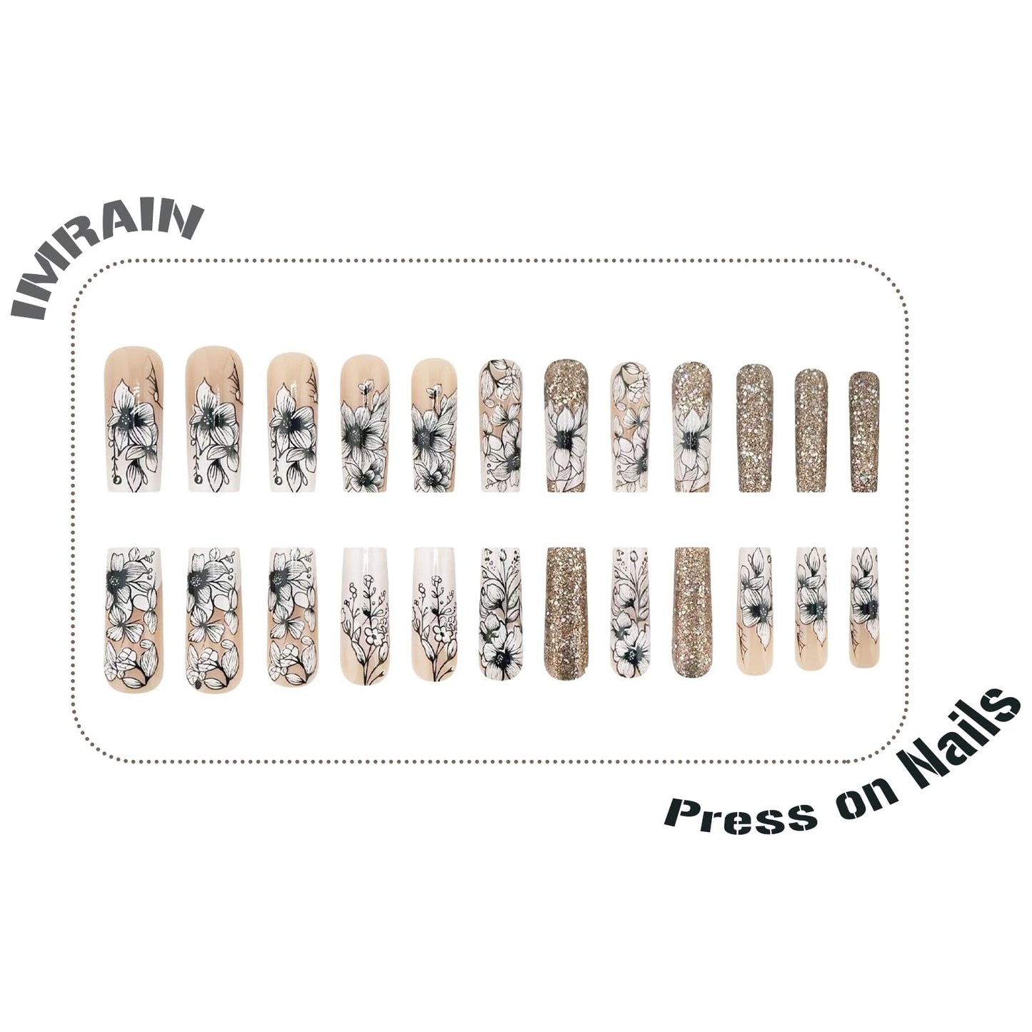 IMRAIN Long Square Press on Nails Glossy Gold Glitter Fake Nails Black Flowers Acrylic False Nails Sparkly Full Cover Glue on Nails for Women DIY Manicure Decor 24Pcs