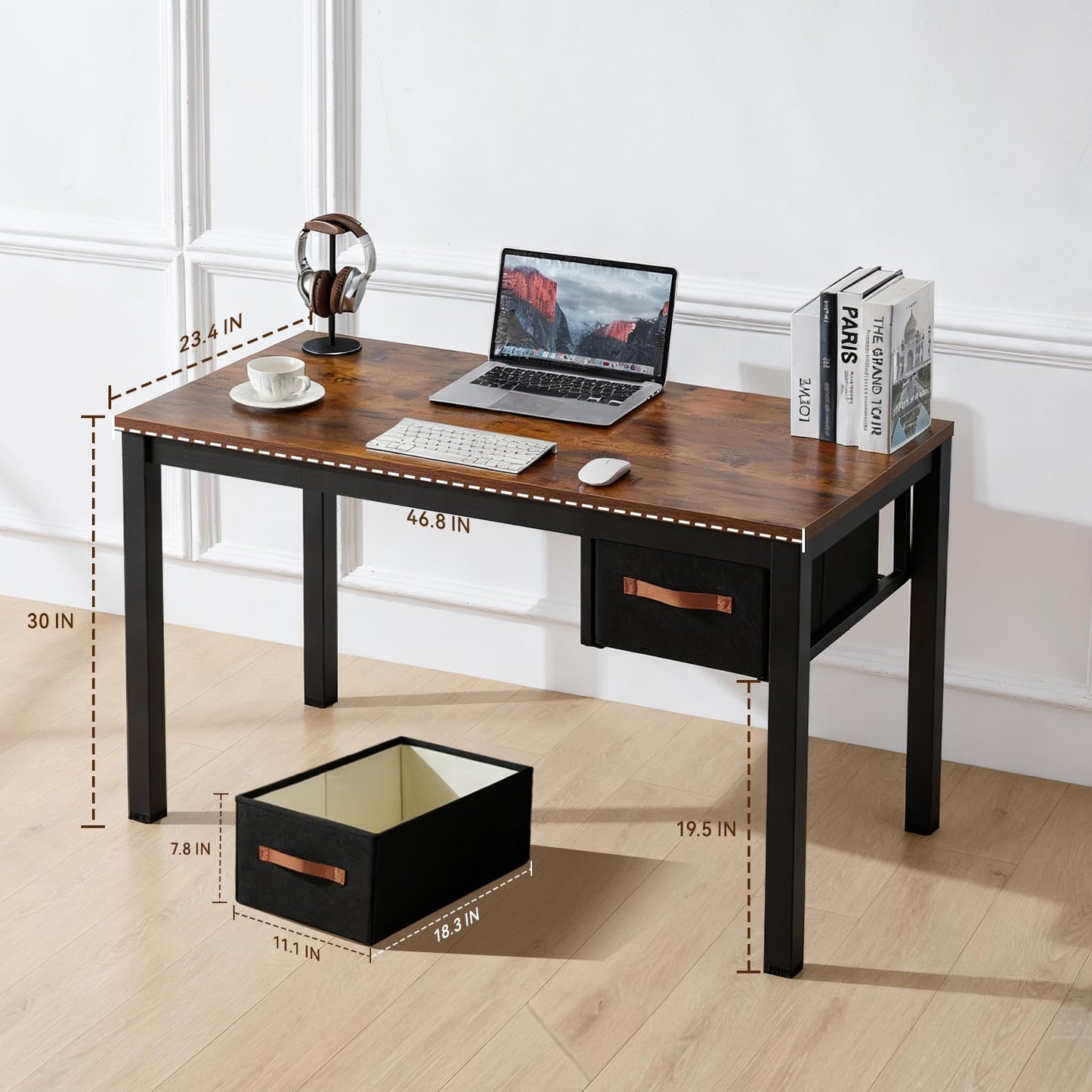 Ingdgnoso Computer Desk with Drawer, 47 Inch Home Office Work Desks, Modern Writing Study PC Desk Gaming Table for Small Place Bedroom, Thickened Tabletop and Stable Metal Frame Leg（Rustic Brown）